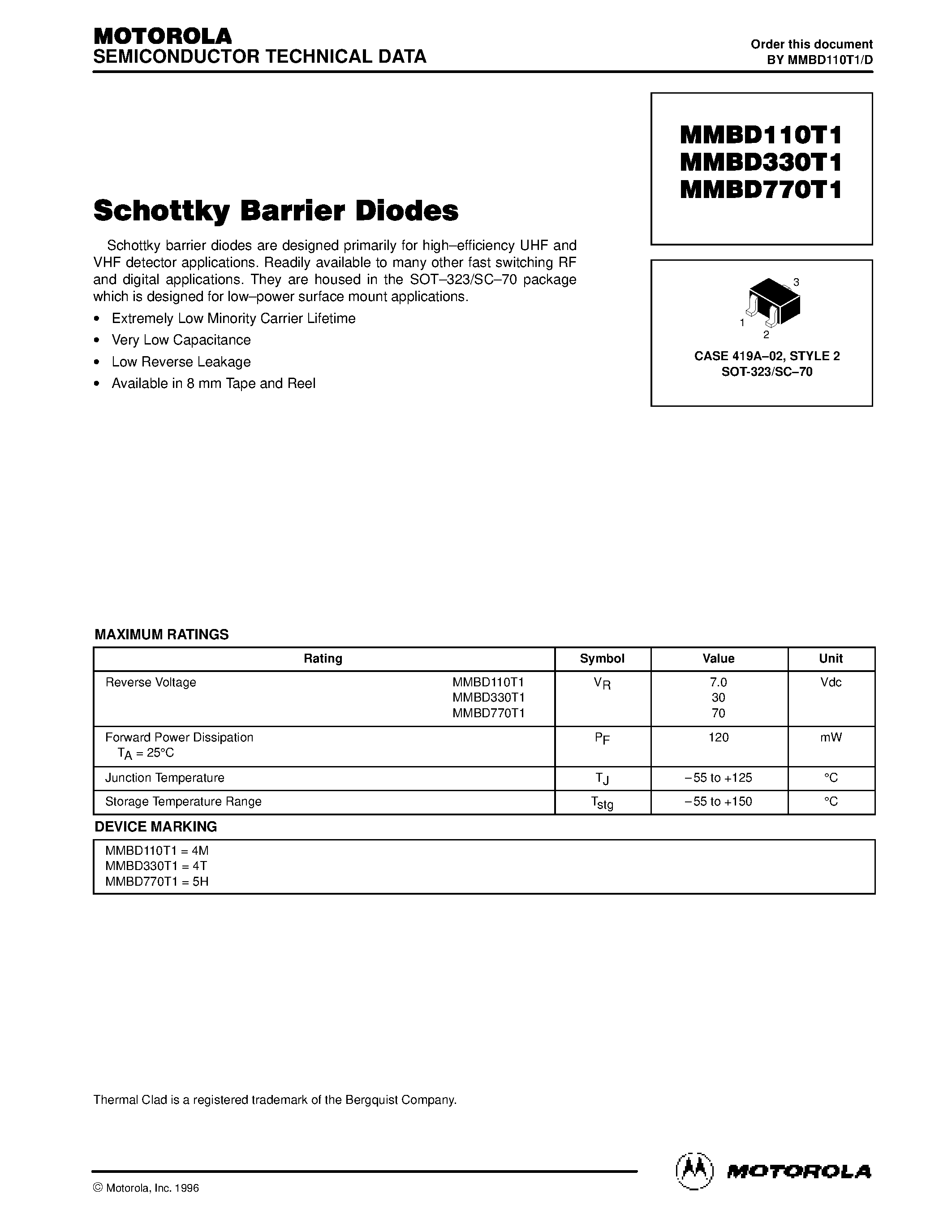 Datasheet MMBD770T1 - Schottky Barrier Diodes page 1