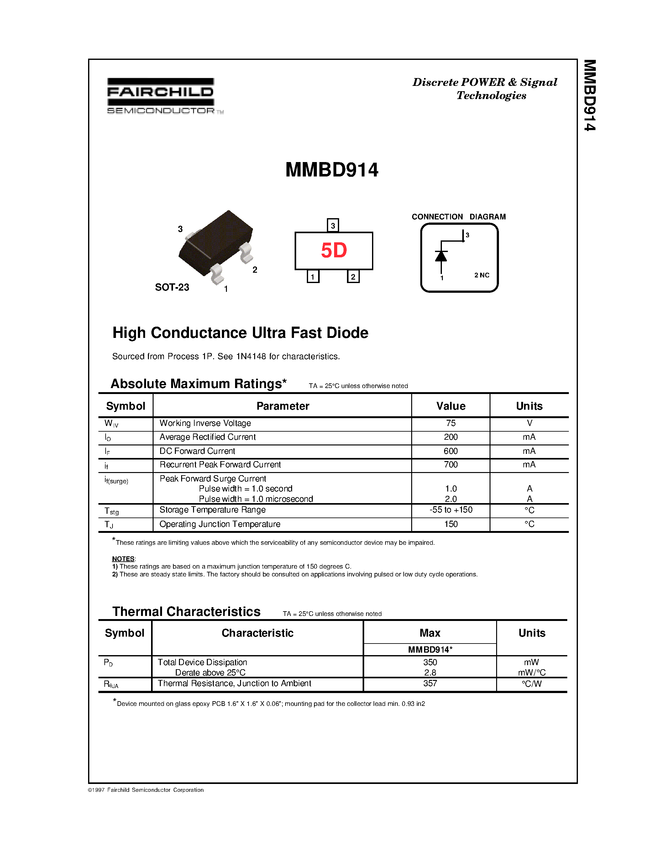 Даташит MMBD914 - High Conductance Ultra Fast Diode страница 1