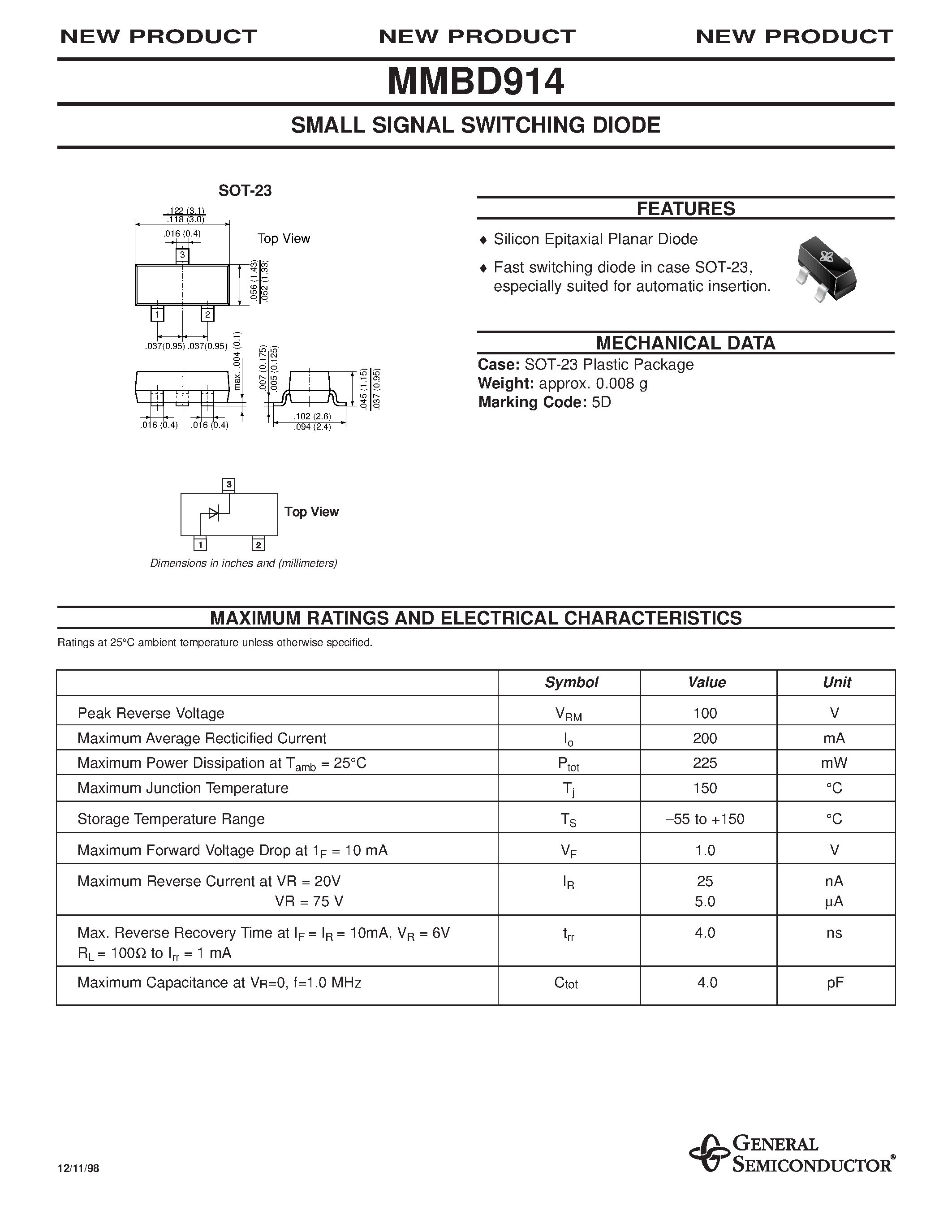 Datasheet MMBD914 - SMALL SIGNAL SWITCHING DIODE page 1