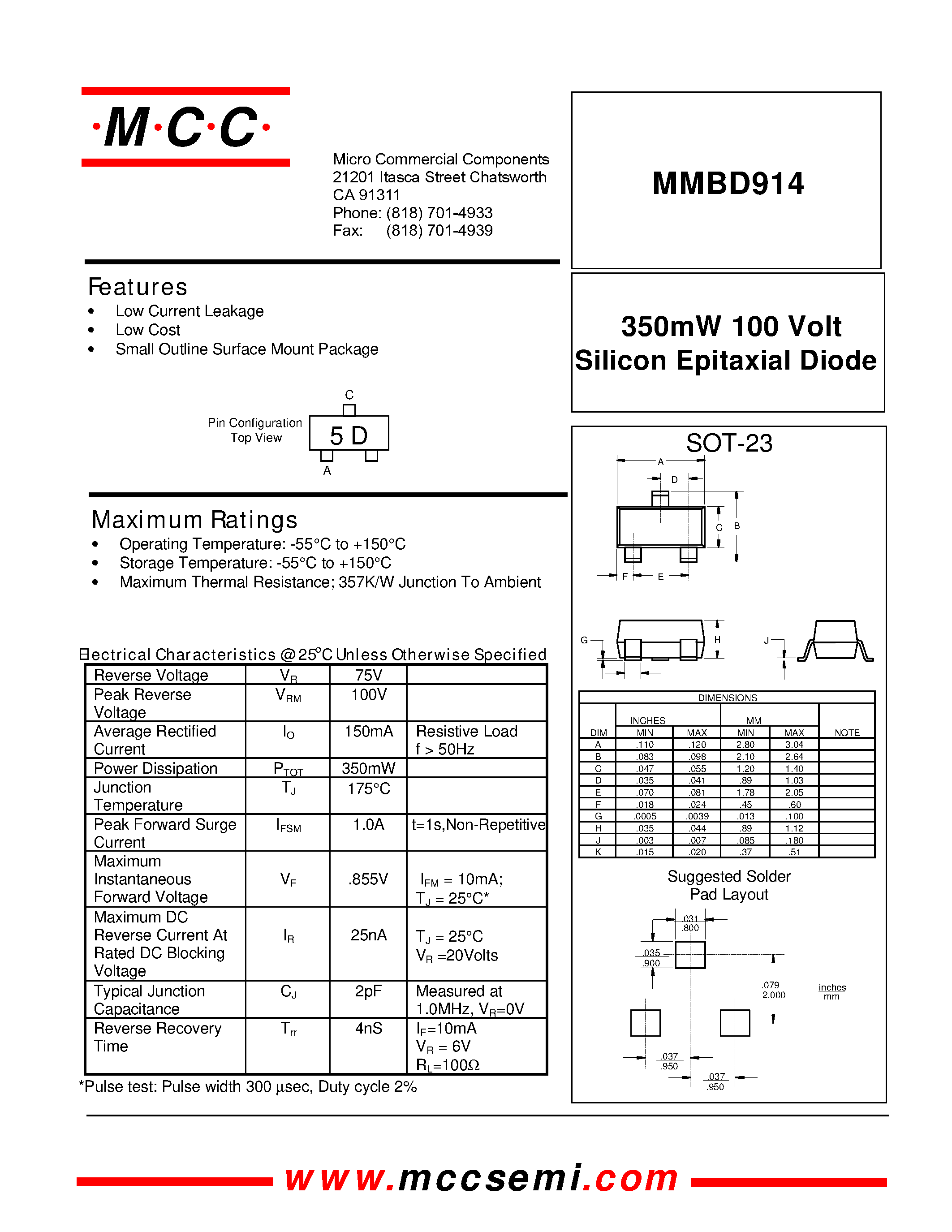 Datasheet MMBD914 - 350mW 100 Volt Silicon Epitaxial Diode page 1