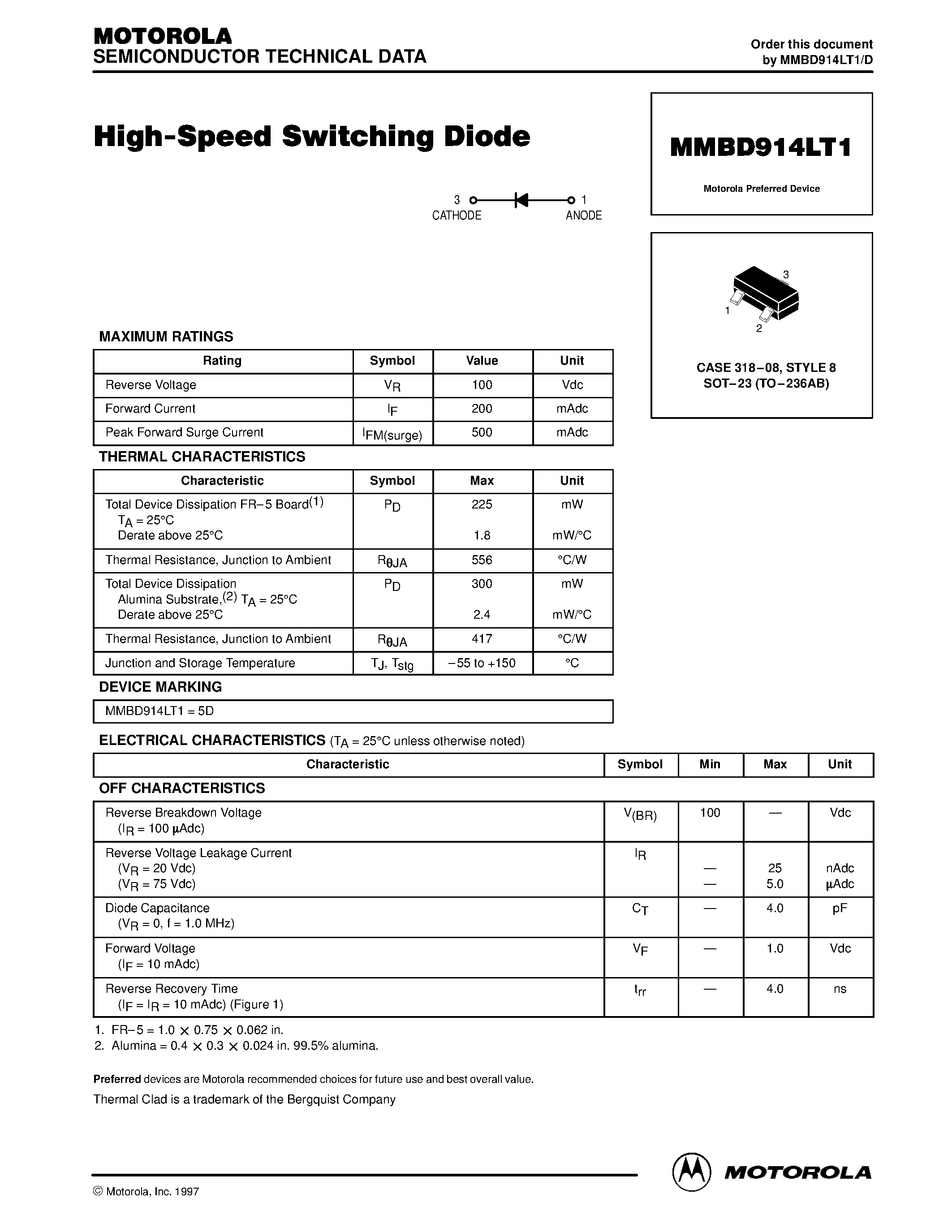 Datasheet MMBD914L - High-Speed Switching Diode page 1