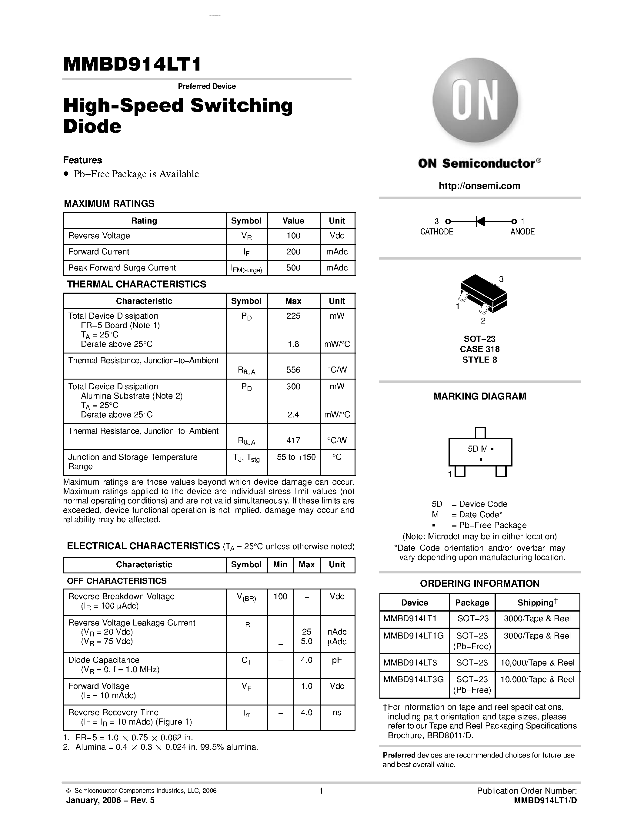 Даташит MMBD914LT1 - High-Speed Switching Diode страница 1