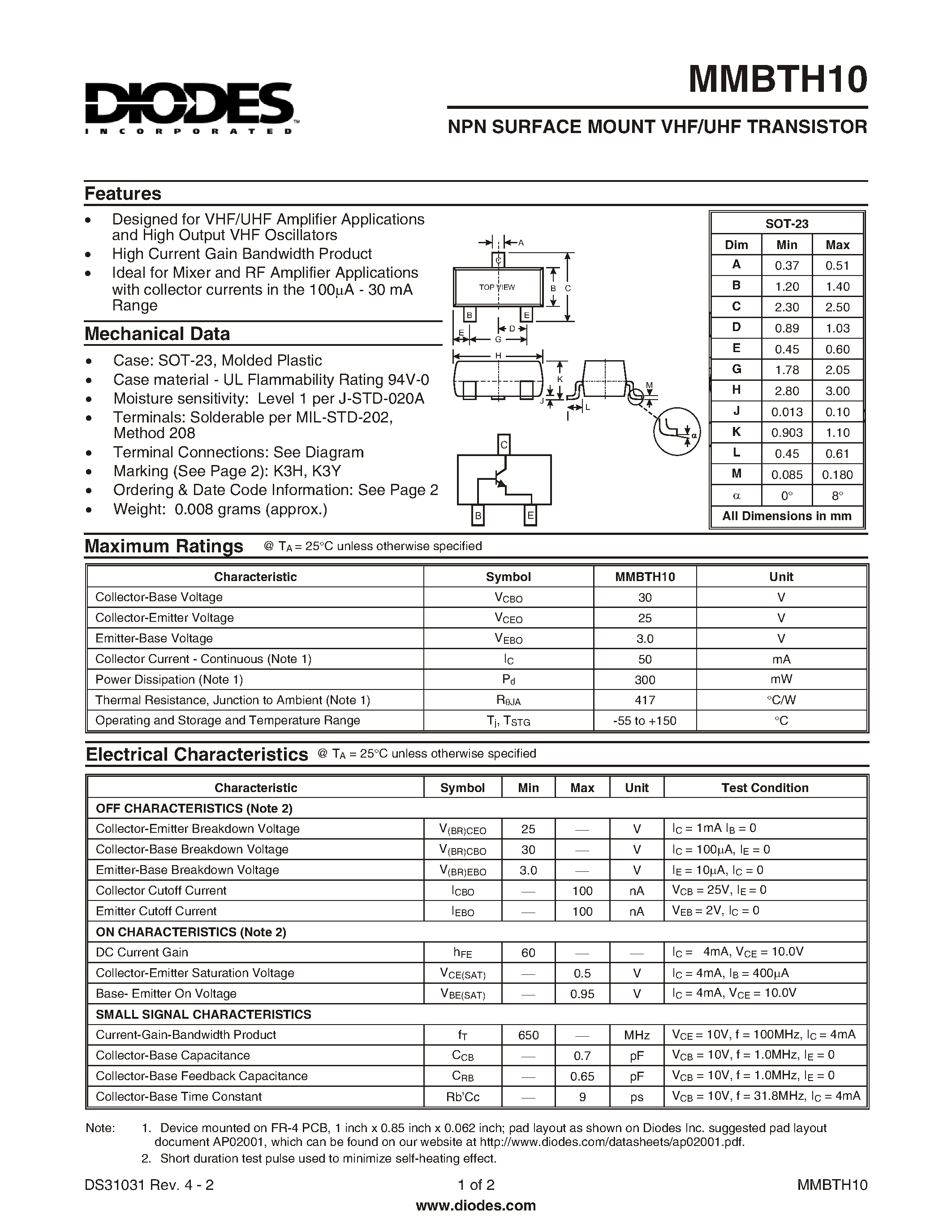 Datasheet MMBTH10 - NPN SURFACE MOUNT VHF/UHF TRANSISTOR page 1