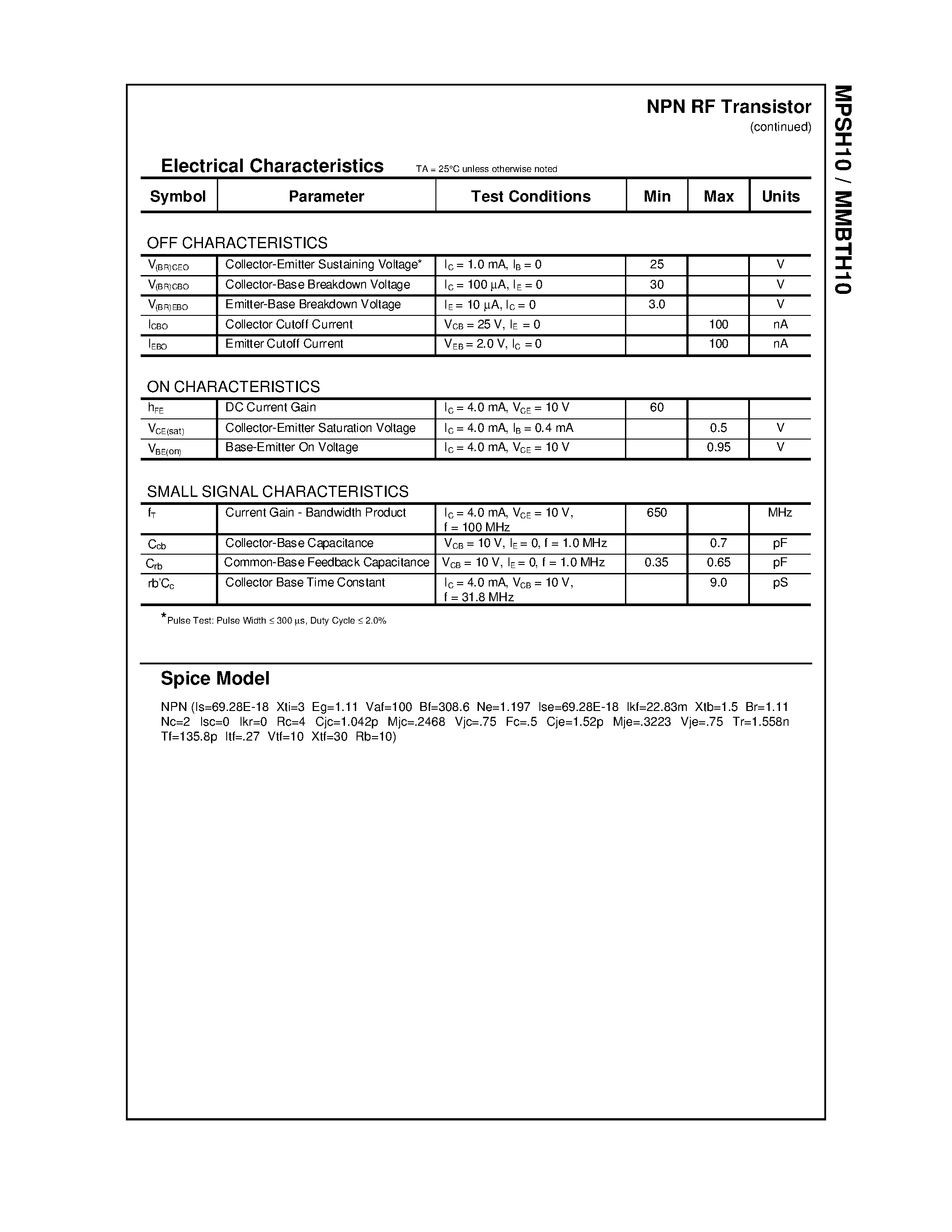 Datasheet MMBTH10 - NPN RF Transistor page 2