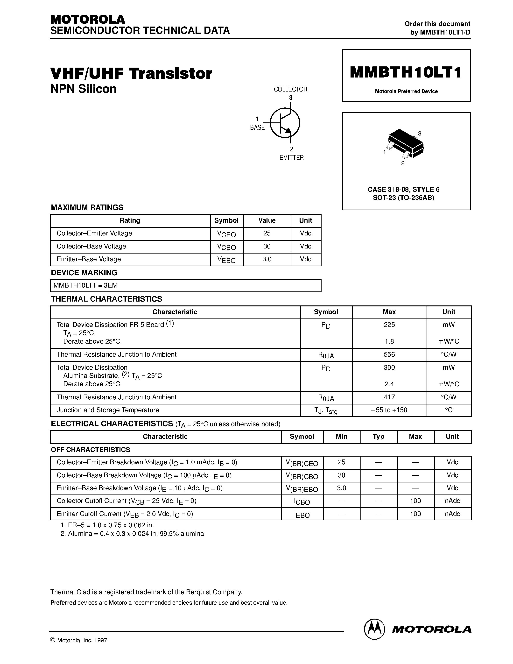 Datasheet MMBTH10LT1 - VHF/UHF Transistor page 1
