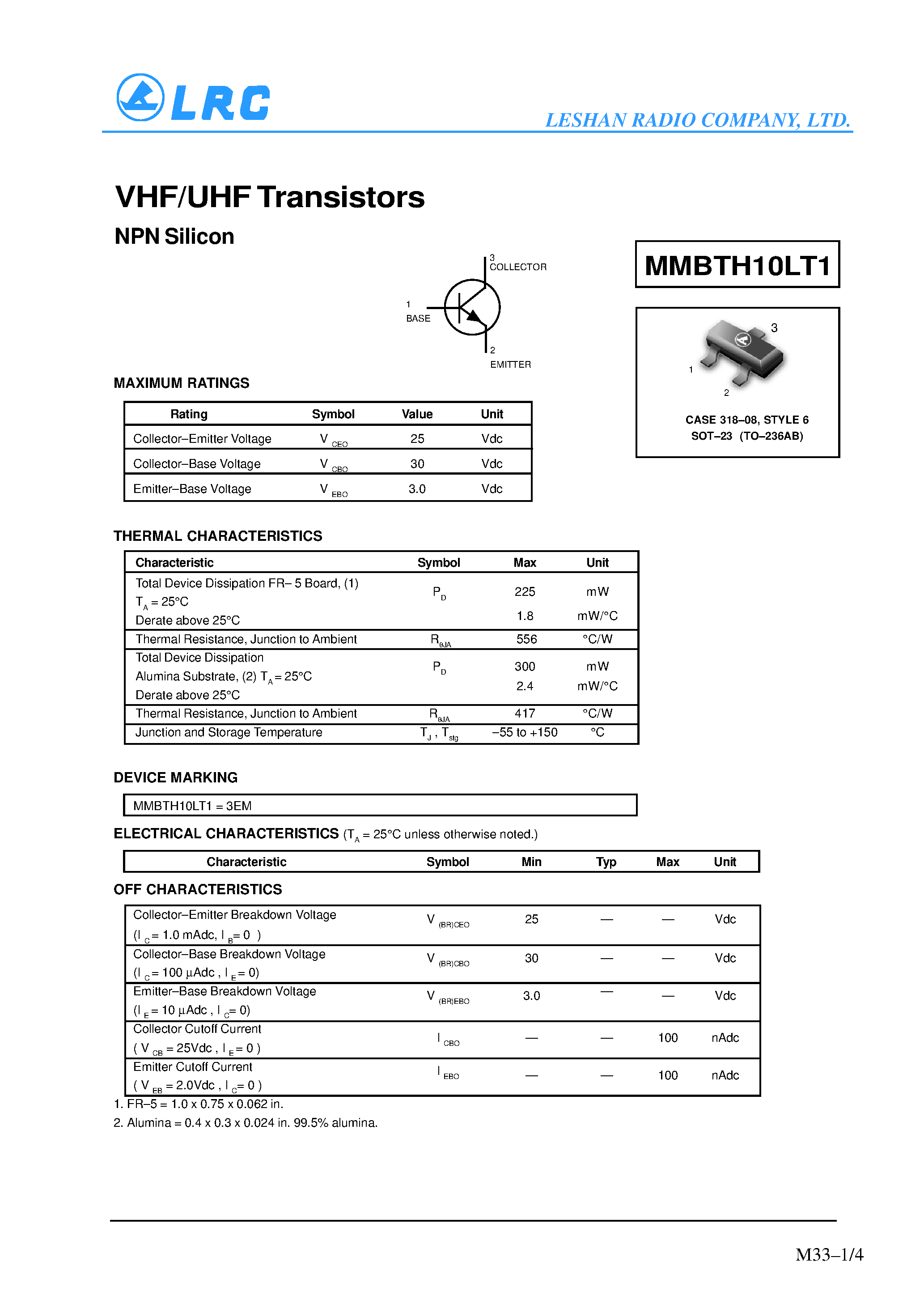 Datasheet MMBTH10LT1 - VHF/UHF Transistors(NPN Silicon) page 1