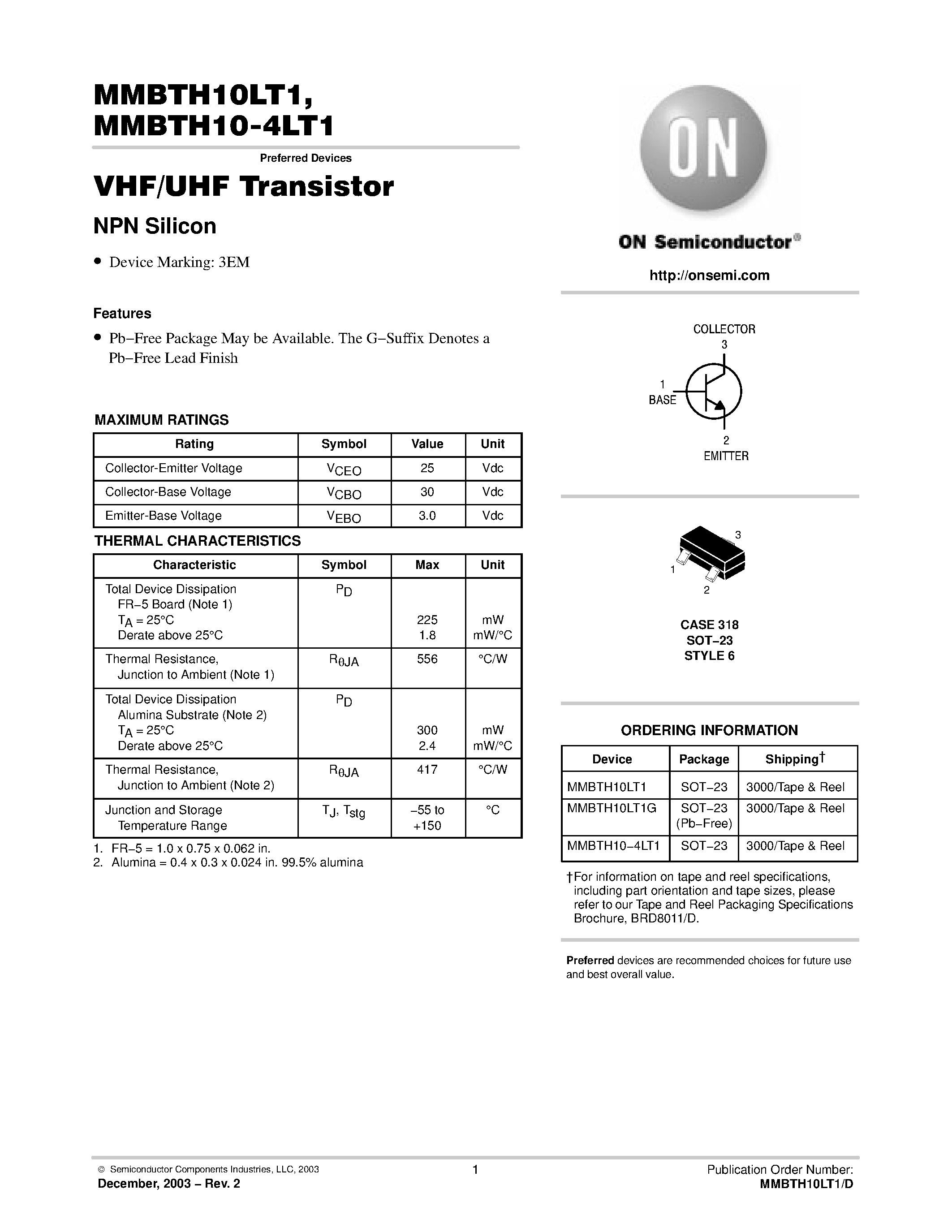 Datasheet MMBTH10LT1 - VHF/UHF Transistor (NPN Silicon) page 1
