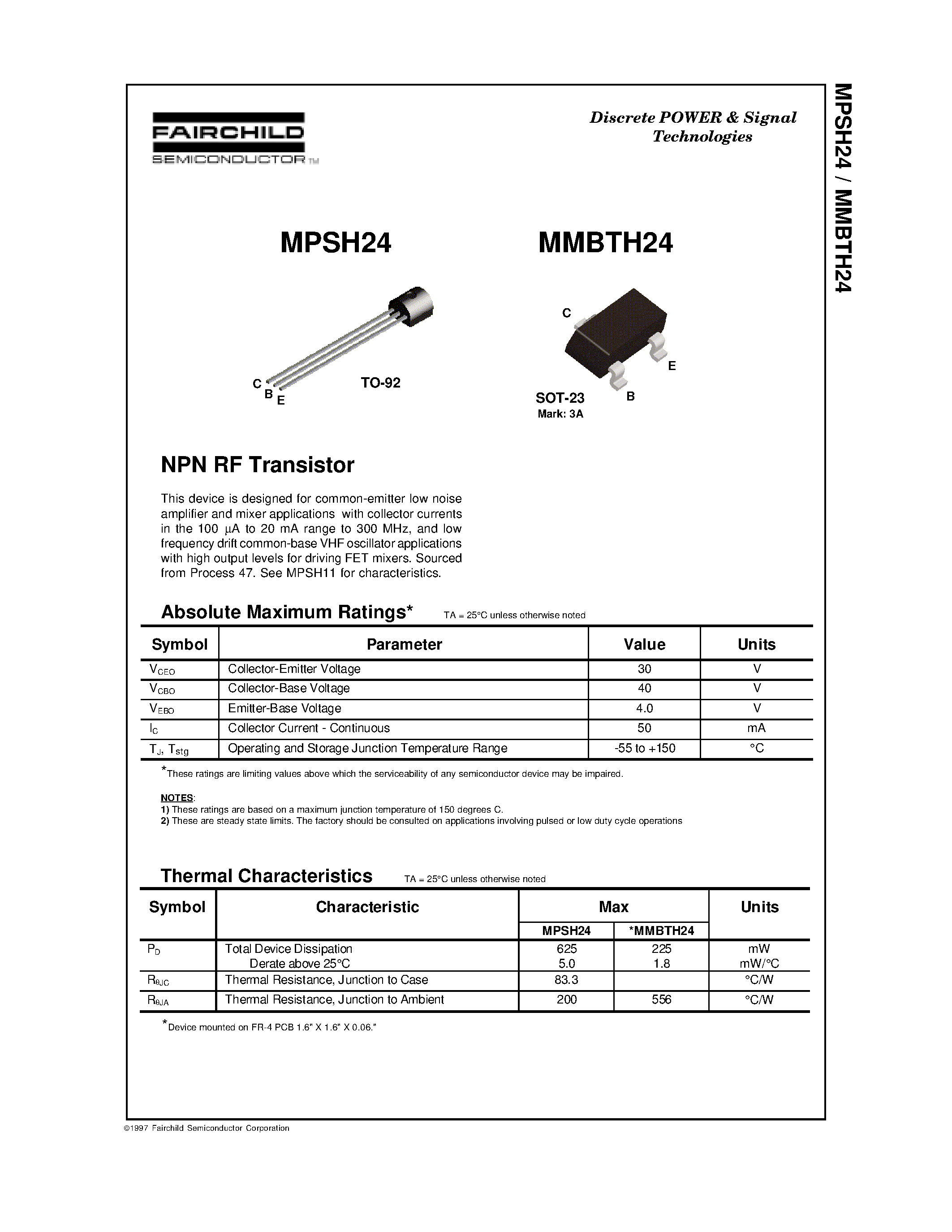 Даташит MMBTH24 - NPN RF Transistor страница 1