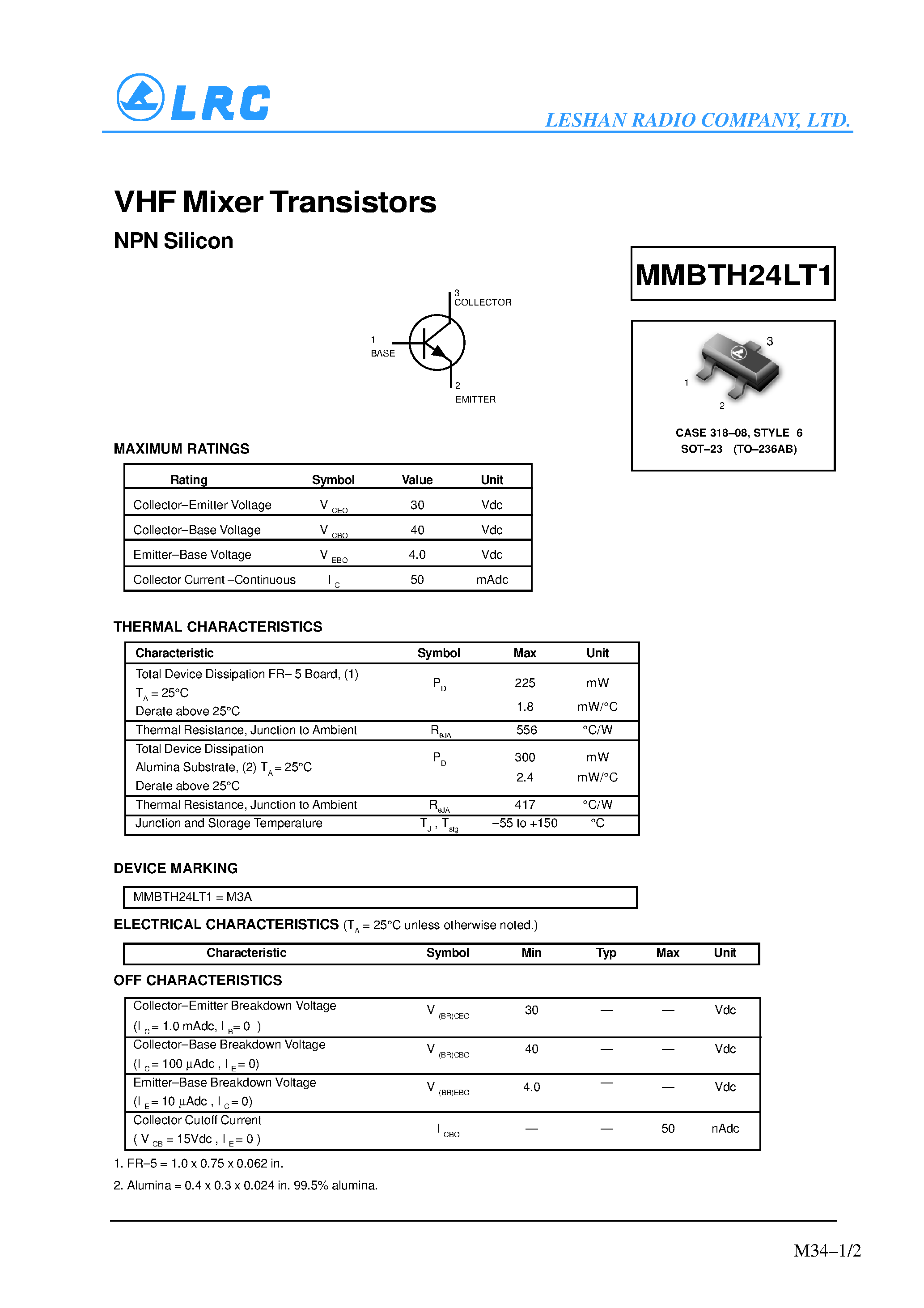Даташит MMBTH24LT1 - VHF Mixer Transistors(NPN Silicon) страница 1