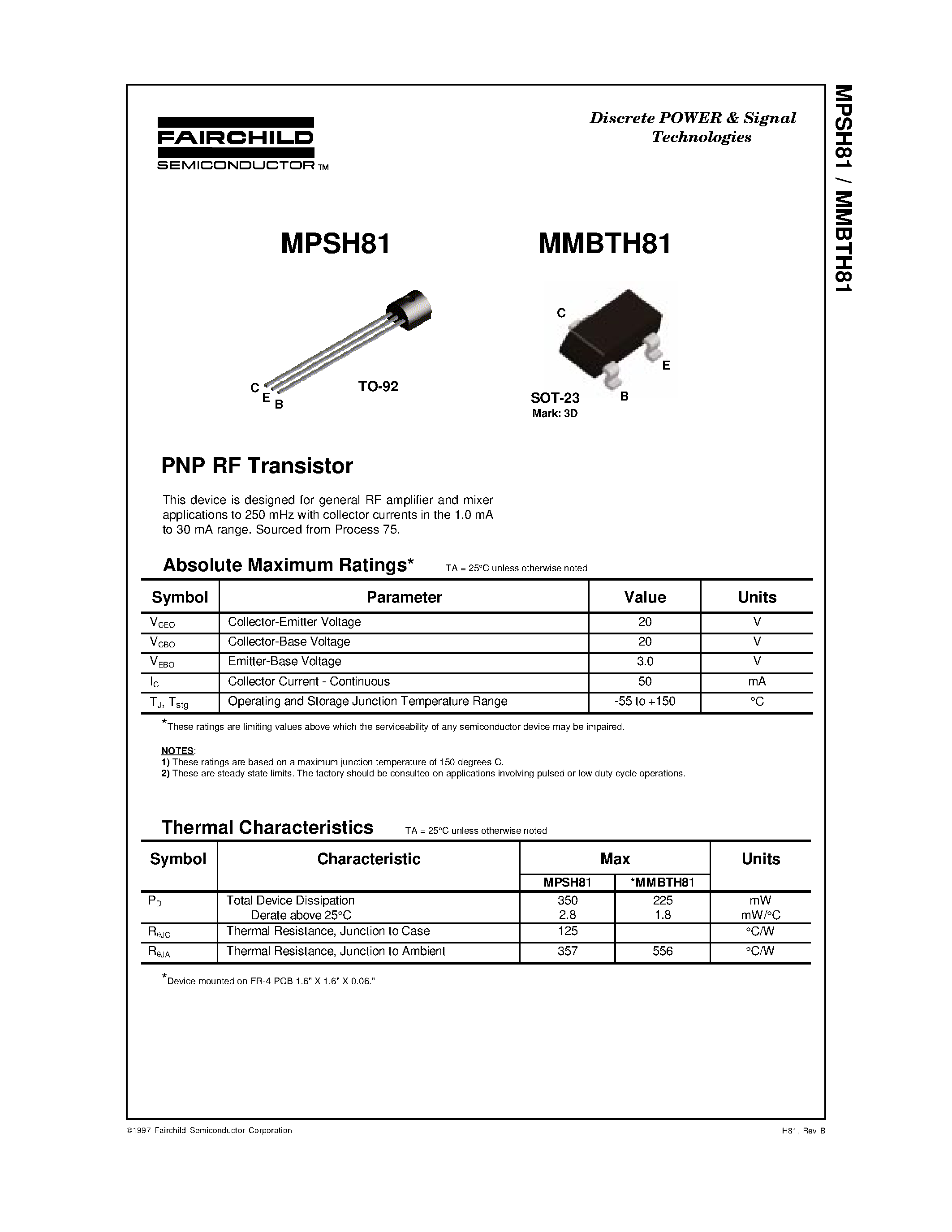 Datasheet MMBTH81 - PNP RF Transistor page 1