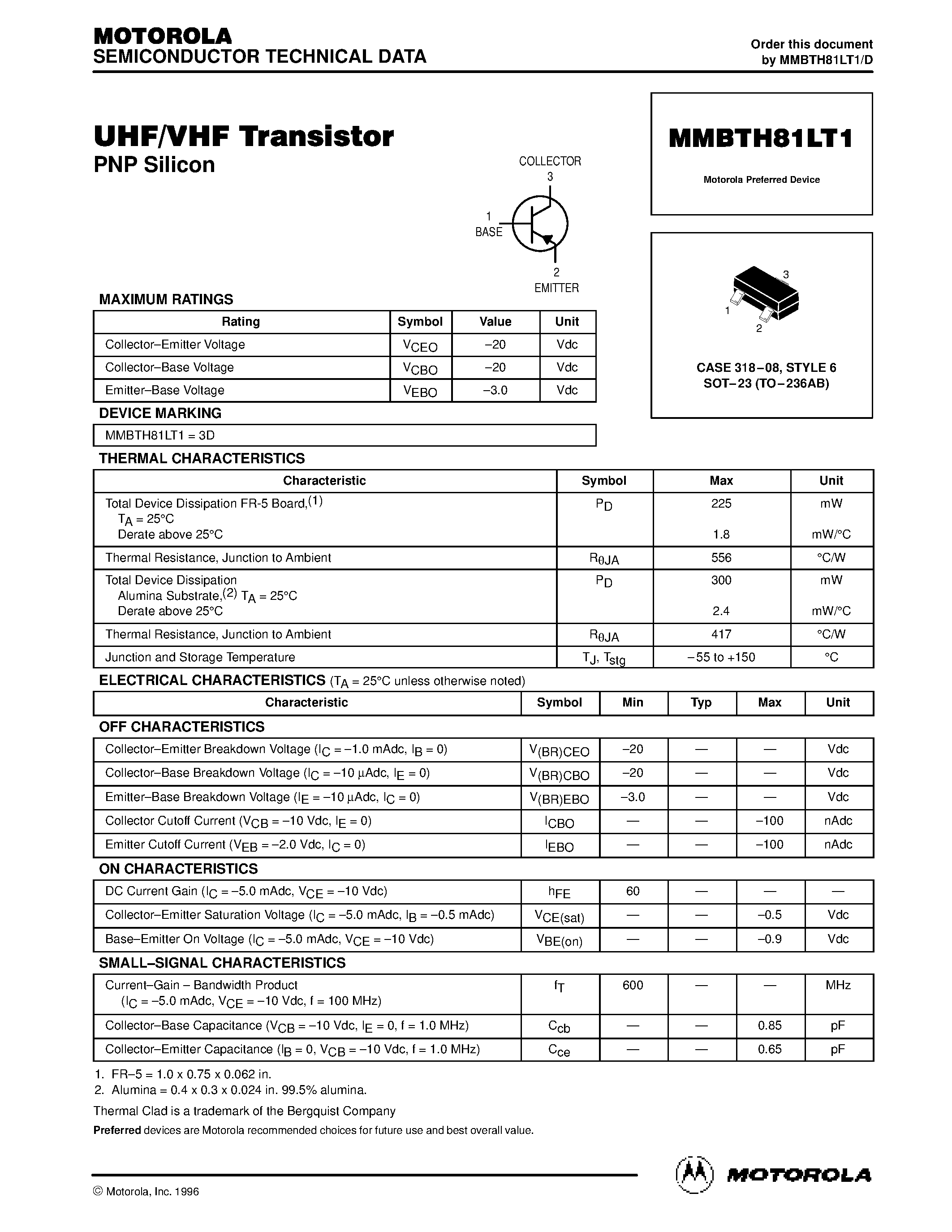 Datasheet MMBTH81LT1 - UHF/VHF Transistor page 1