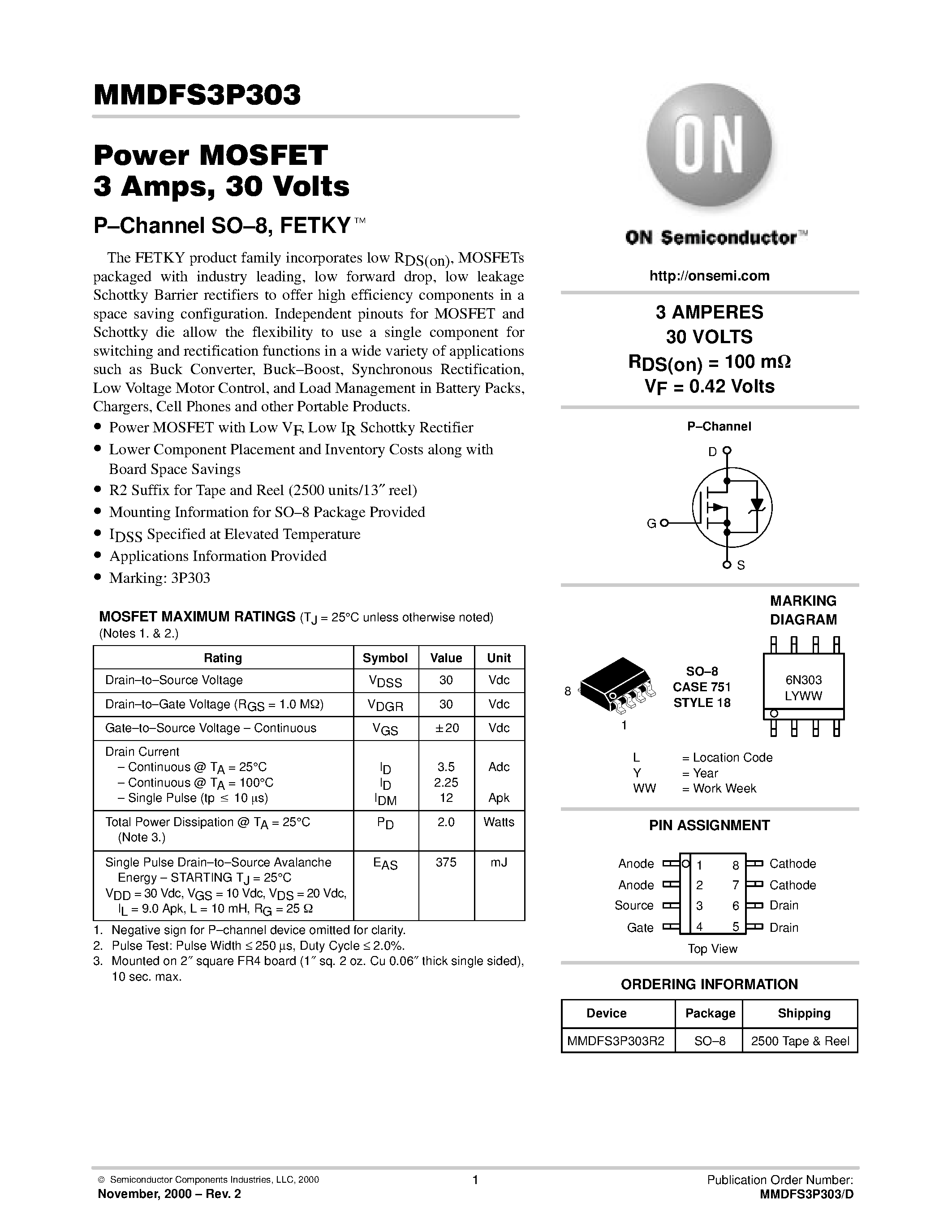 Даташит MMDFS3P303-D - Power MOSFET 3 Amps / 30 Volts страница 1