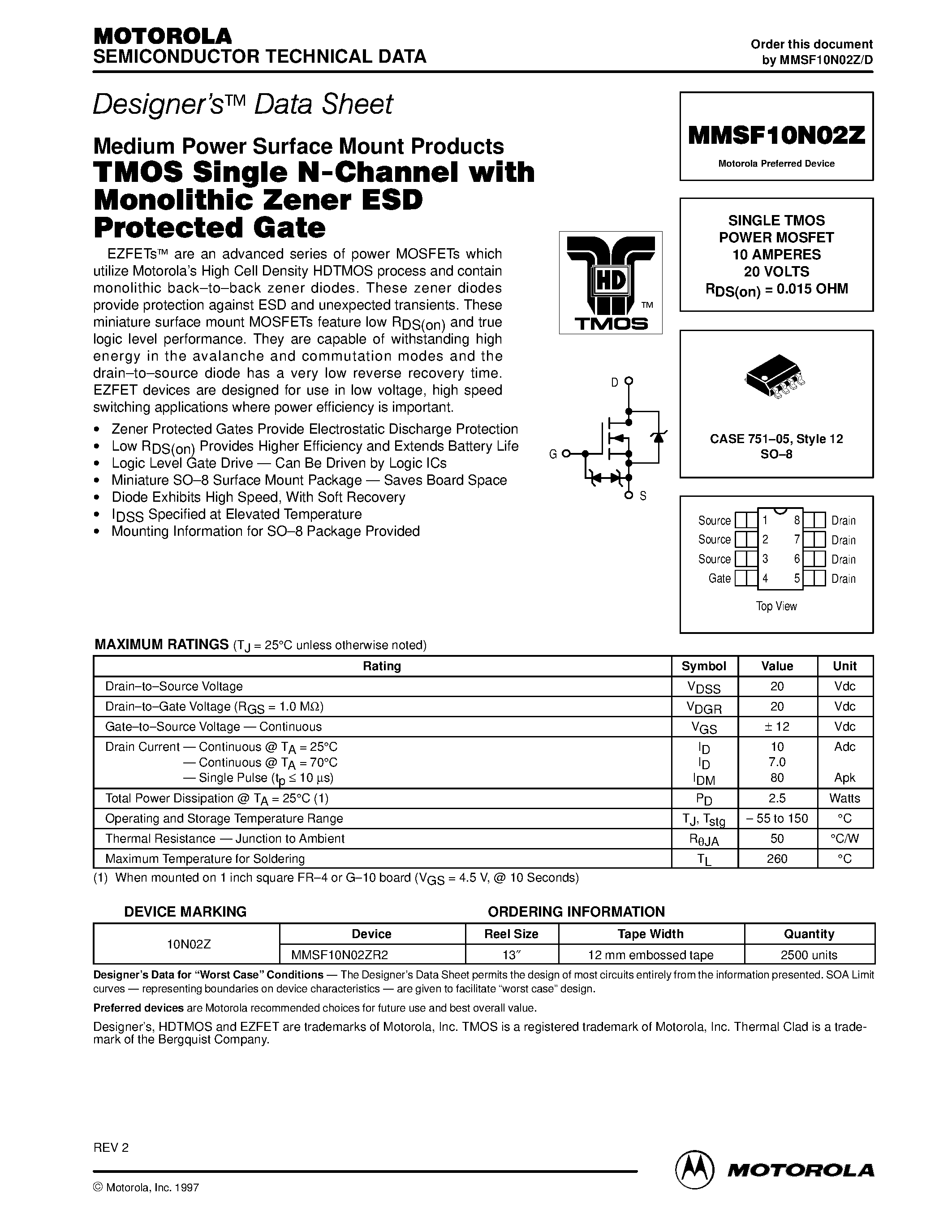 Datasheet MMSF10N02Z - SINGLE TMOS POWER MOSFET 10 AMPERES 20 VOLTS page 1
