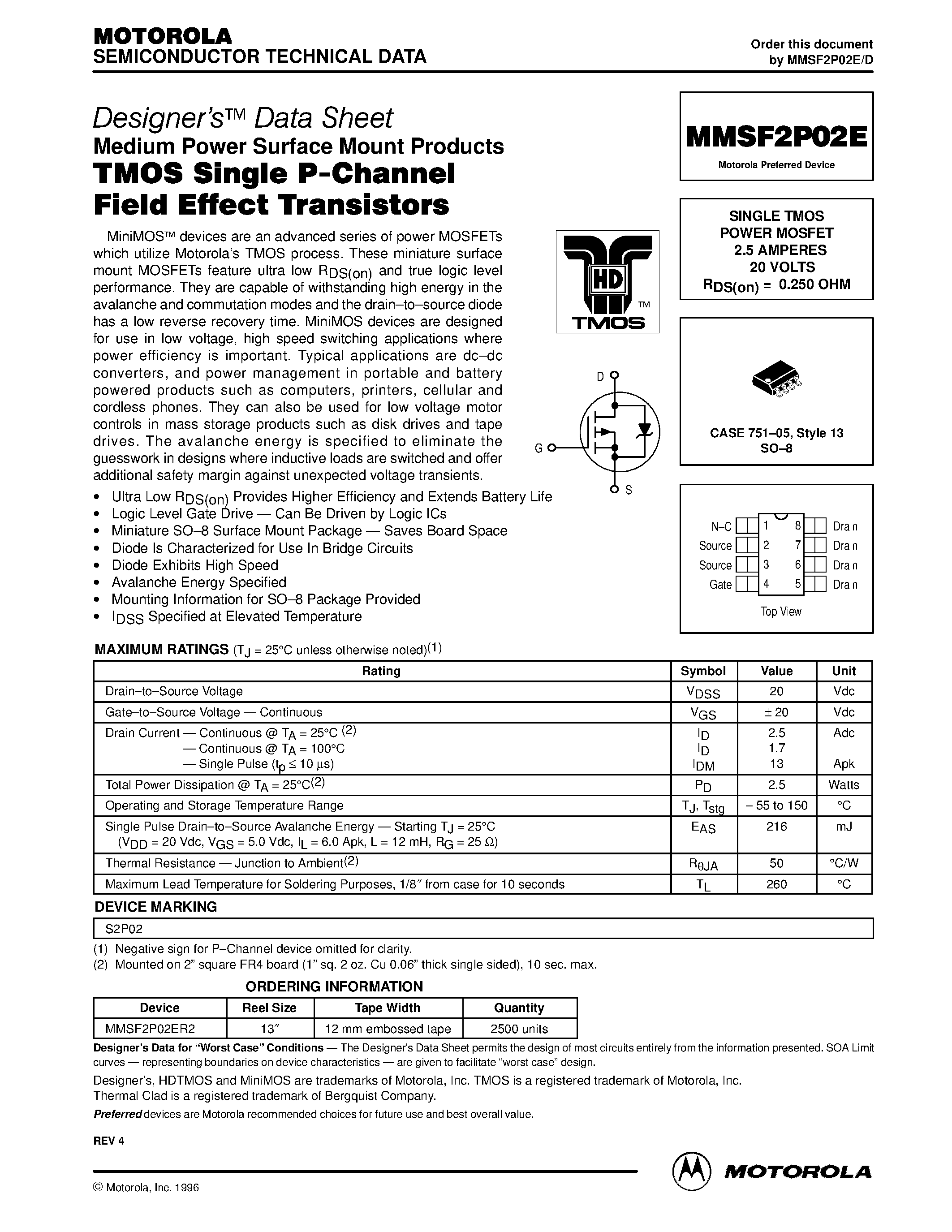 Даташит MMSF2P02E - SINGLE TMOS POWER MOSFET 2.5 AMPERES 20 VOLTS страница 1