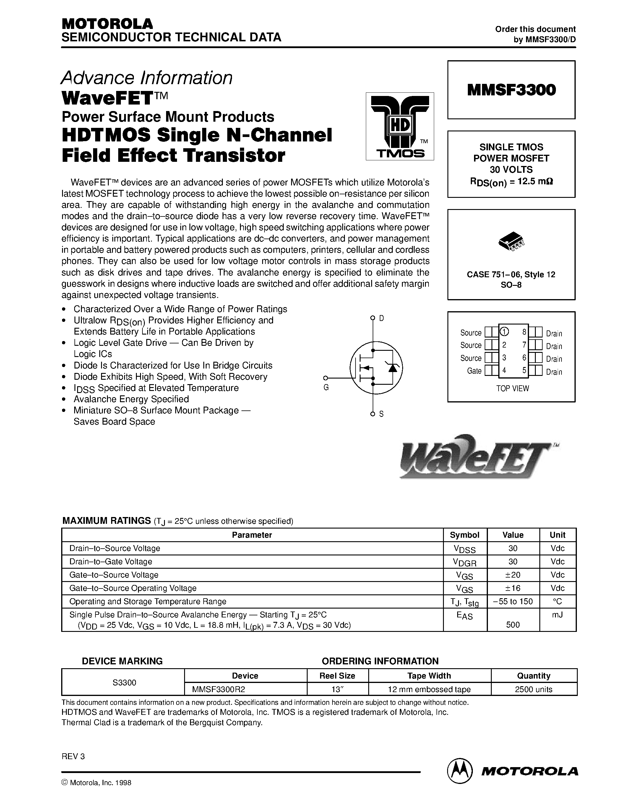 Даташит MMSF3300 - SINGLE TMOS POWER MOSFET 30 VOLTS страница 1