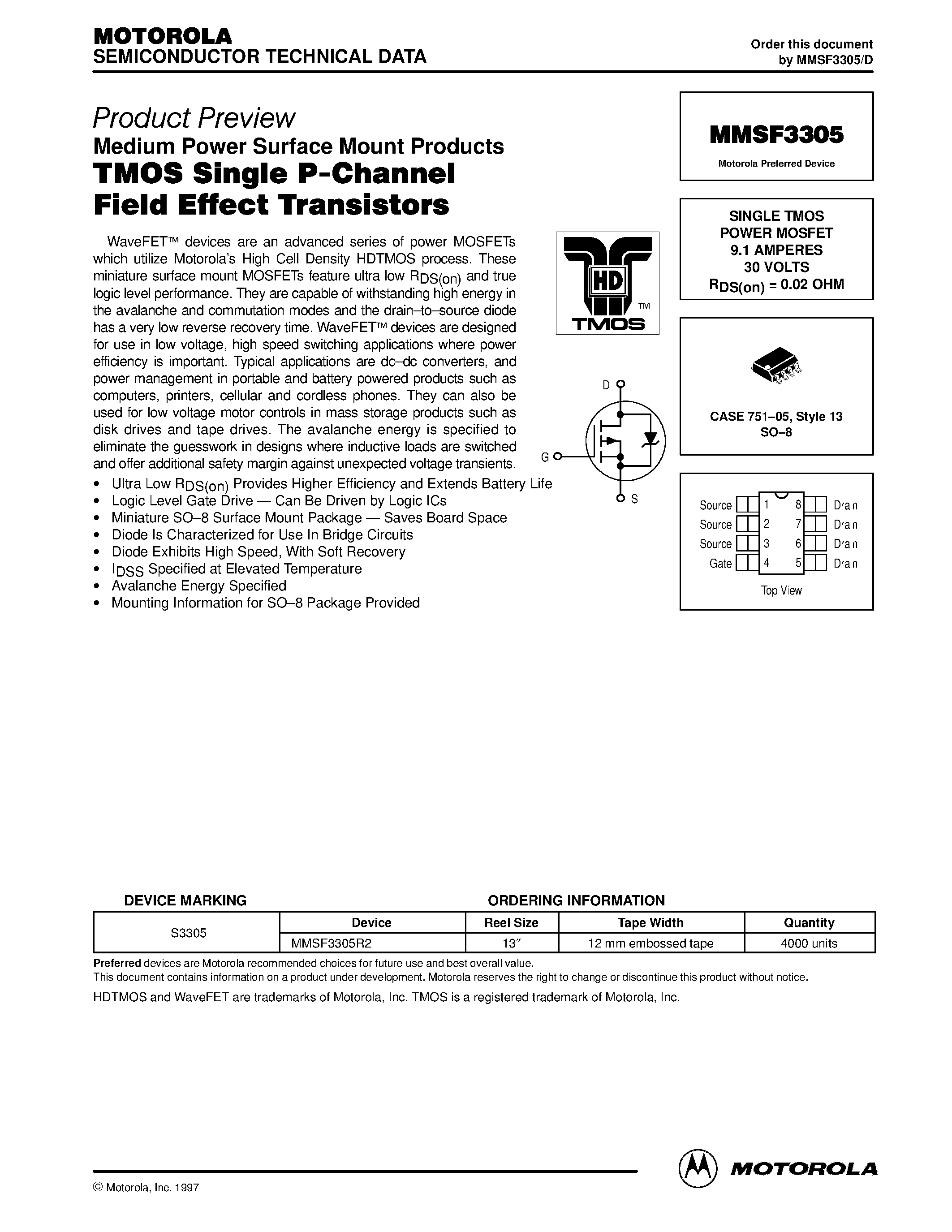 Datasheet MMSF3305 - SINGLE TMOS POWER MOSFET 9.1 AMPERES 30 VOLTS page 1