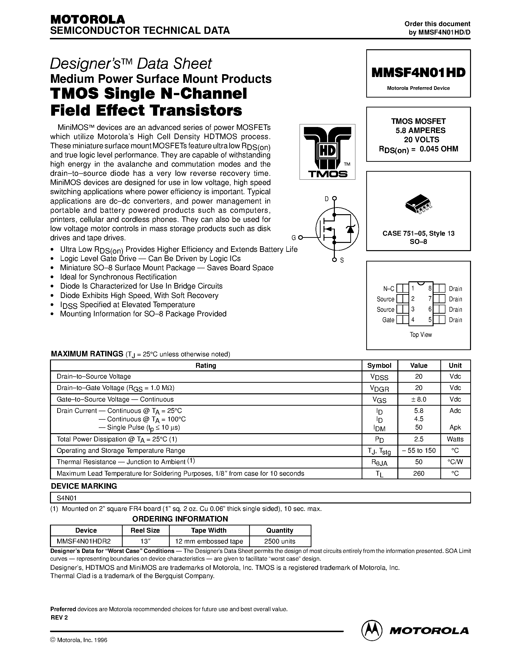 Datasheet MMSF4N01HD - TMOS MOSFET 5.8 AMPERES 20 VOLTS page 1