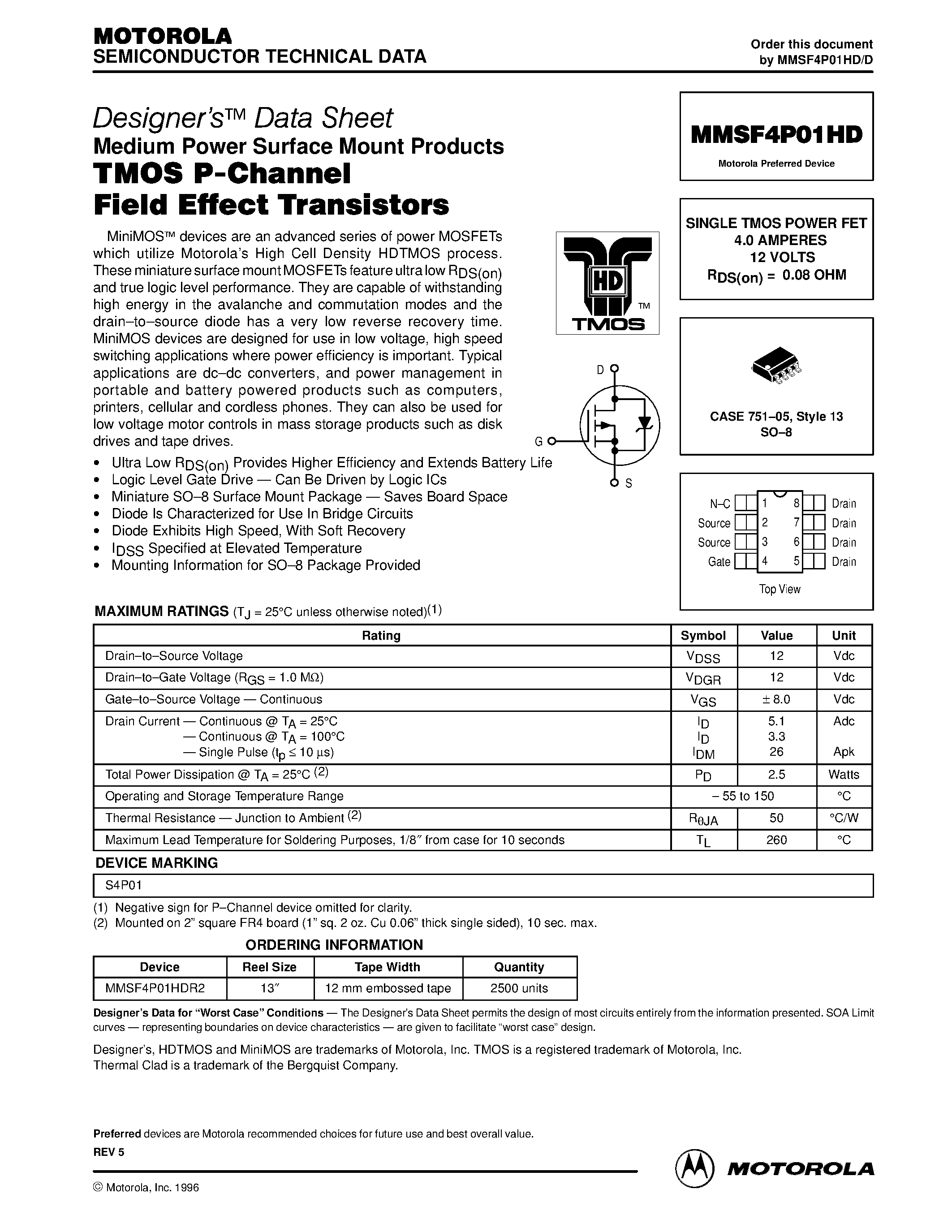 Даташит MMSF4P01HD - SINGLE TMOS POWER FET 4.0 AMPERES 12 VOLTS страница 1