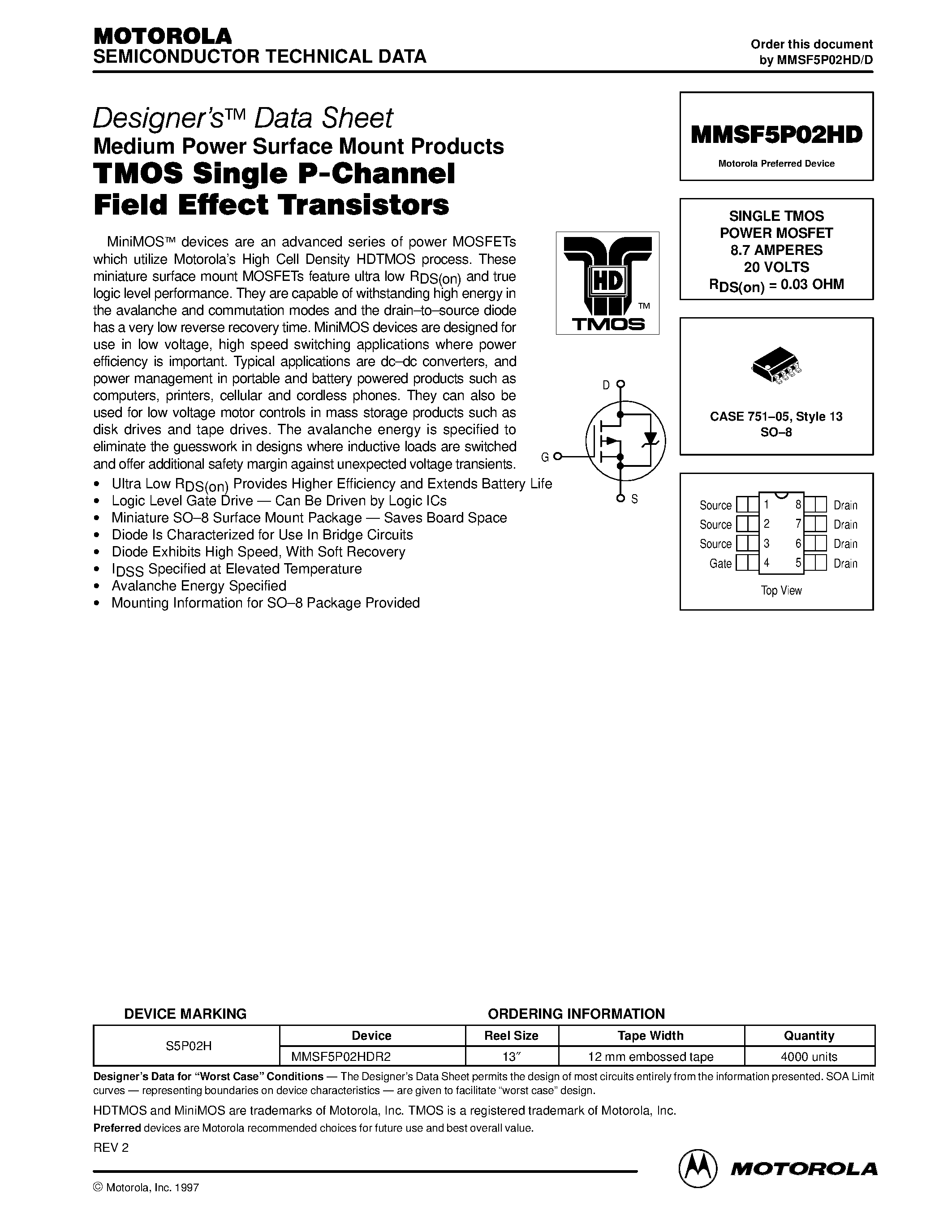 Datasheet MMSF5P02HD - SINGLE TMOS POWER MOSFET 8.7 AMPERES 20 VOLTS page 1