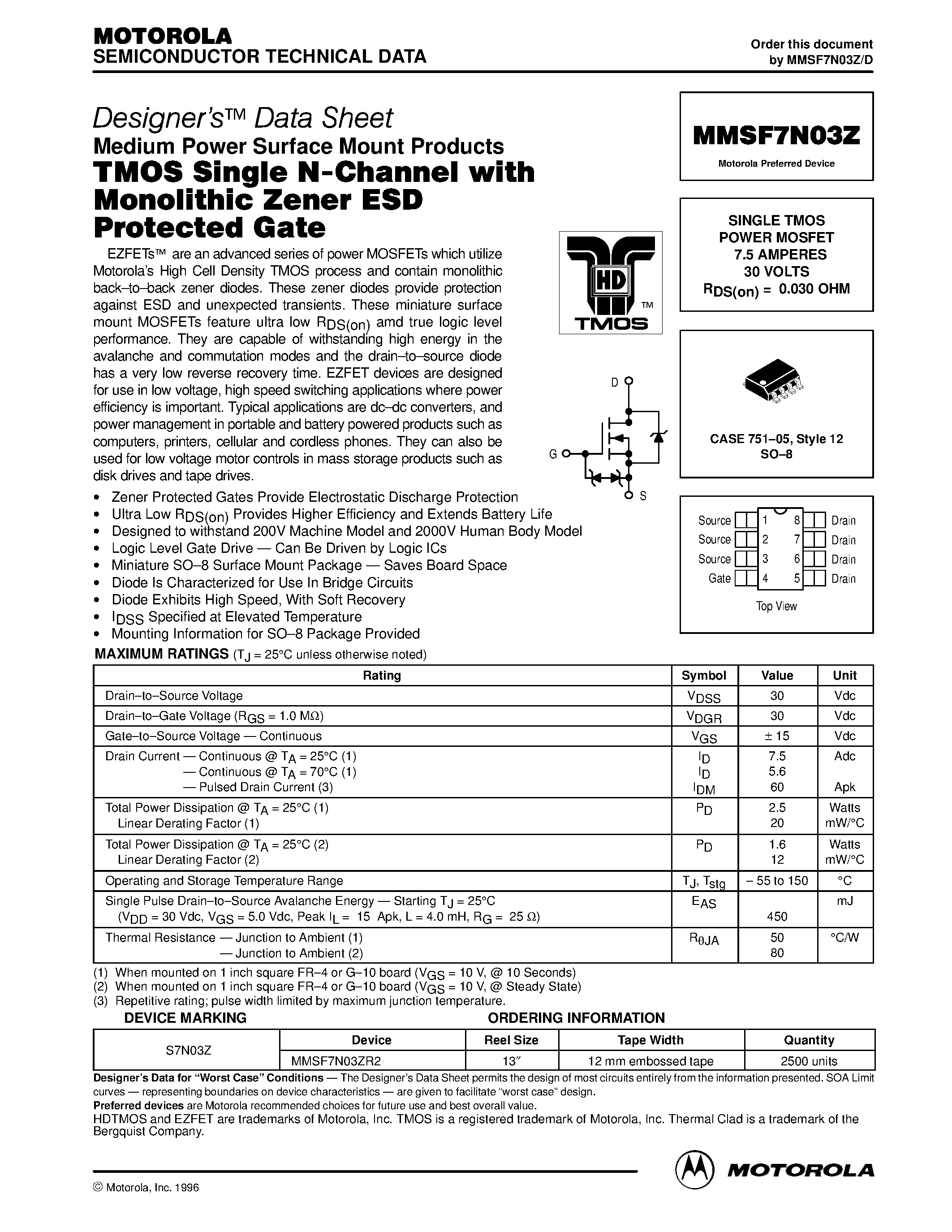 Datasheet MMSF7N03Z - SINGLE TMOS POWER MOSFET 7.5 AMPERES 30 VOLTS page 1