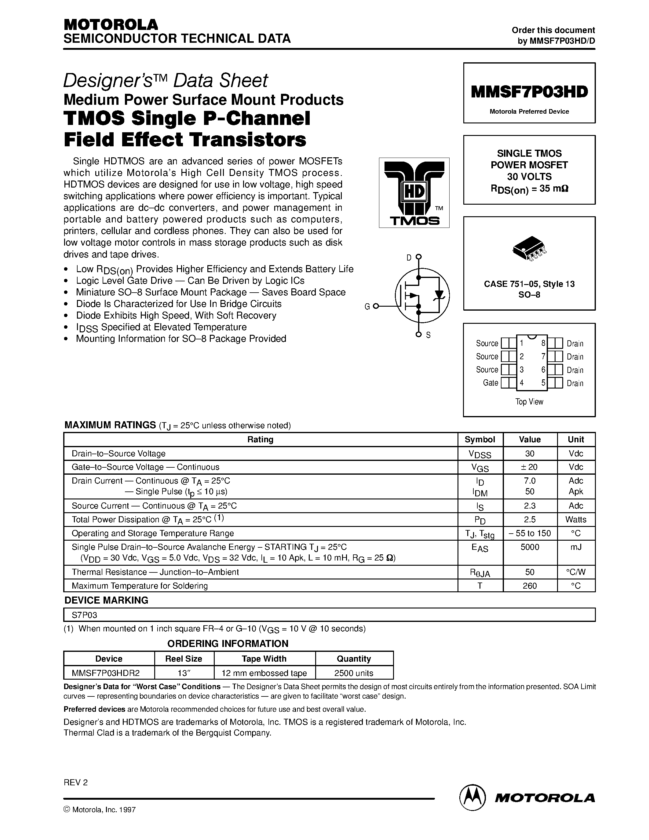 Datasheet MMSF7P03HD - SINGLE TMOS POWER MOSFET 30 VOLTS page 1