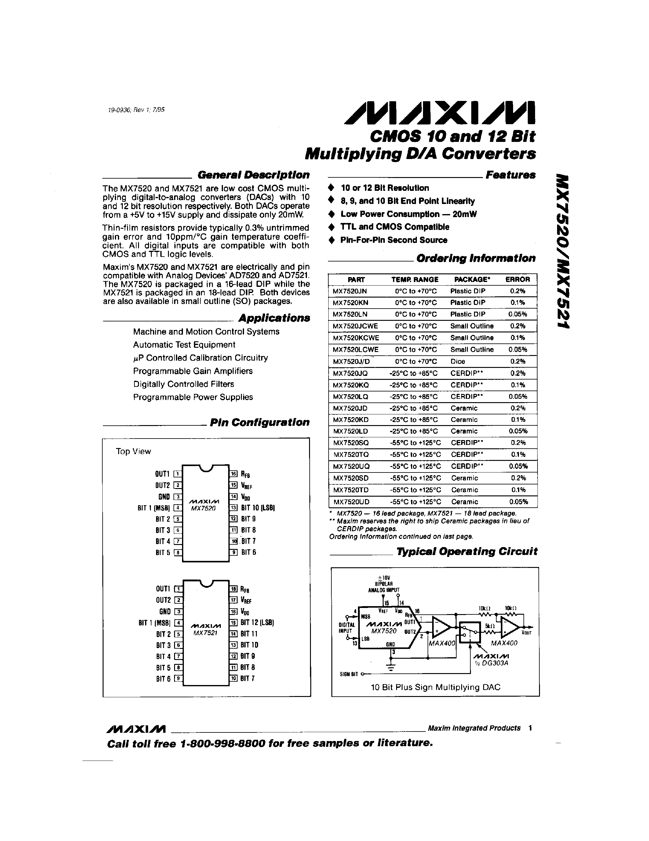 Datasheet MX7521J/D - CMOS 10 and 12 Bit Multiplying D/A Converters page 1