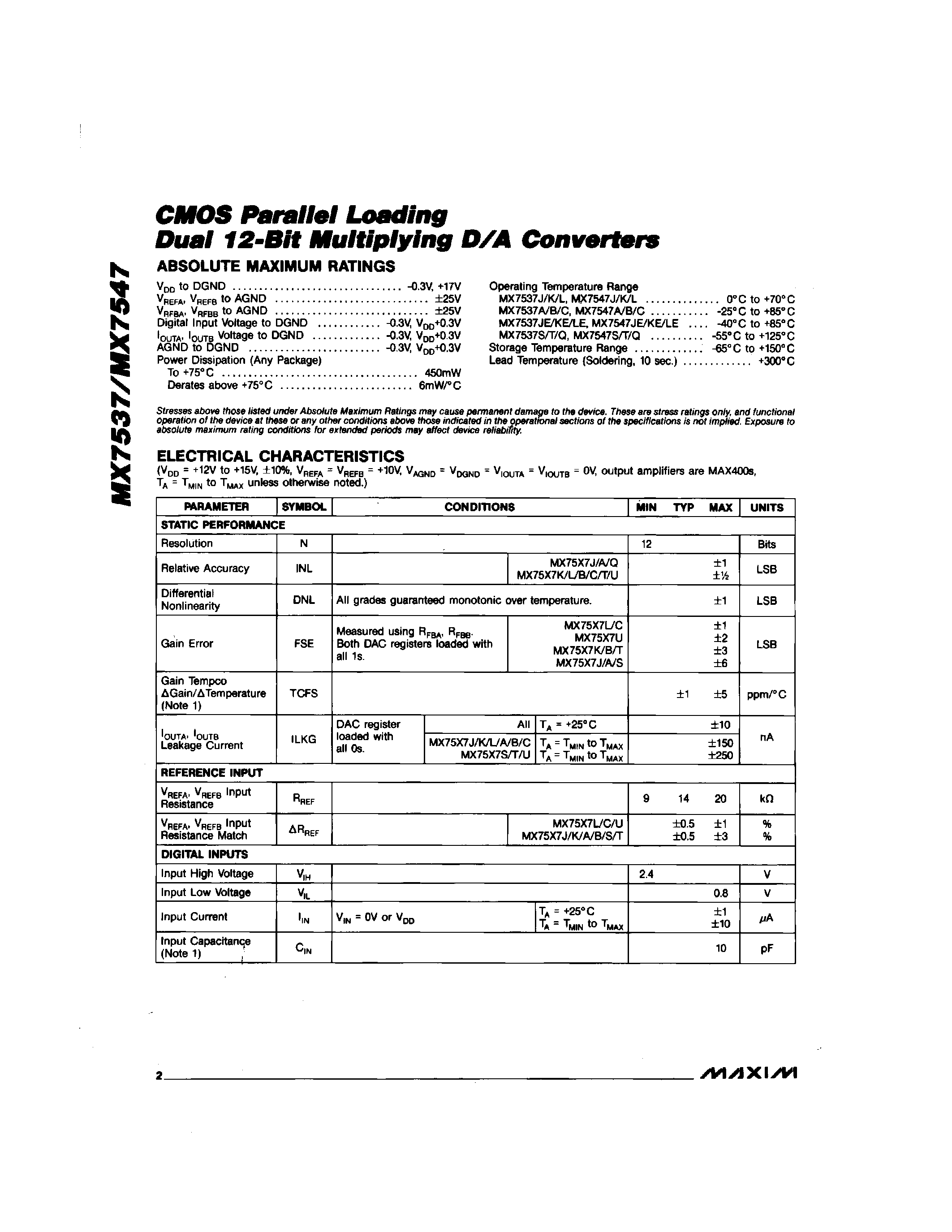 Datasheet MX7547J/D - CMOS Parallel Loading Dual 12-Bit Multiplying D/A Converters page 2