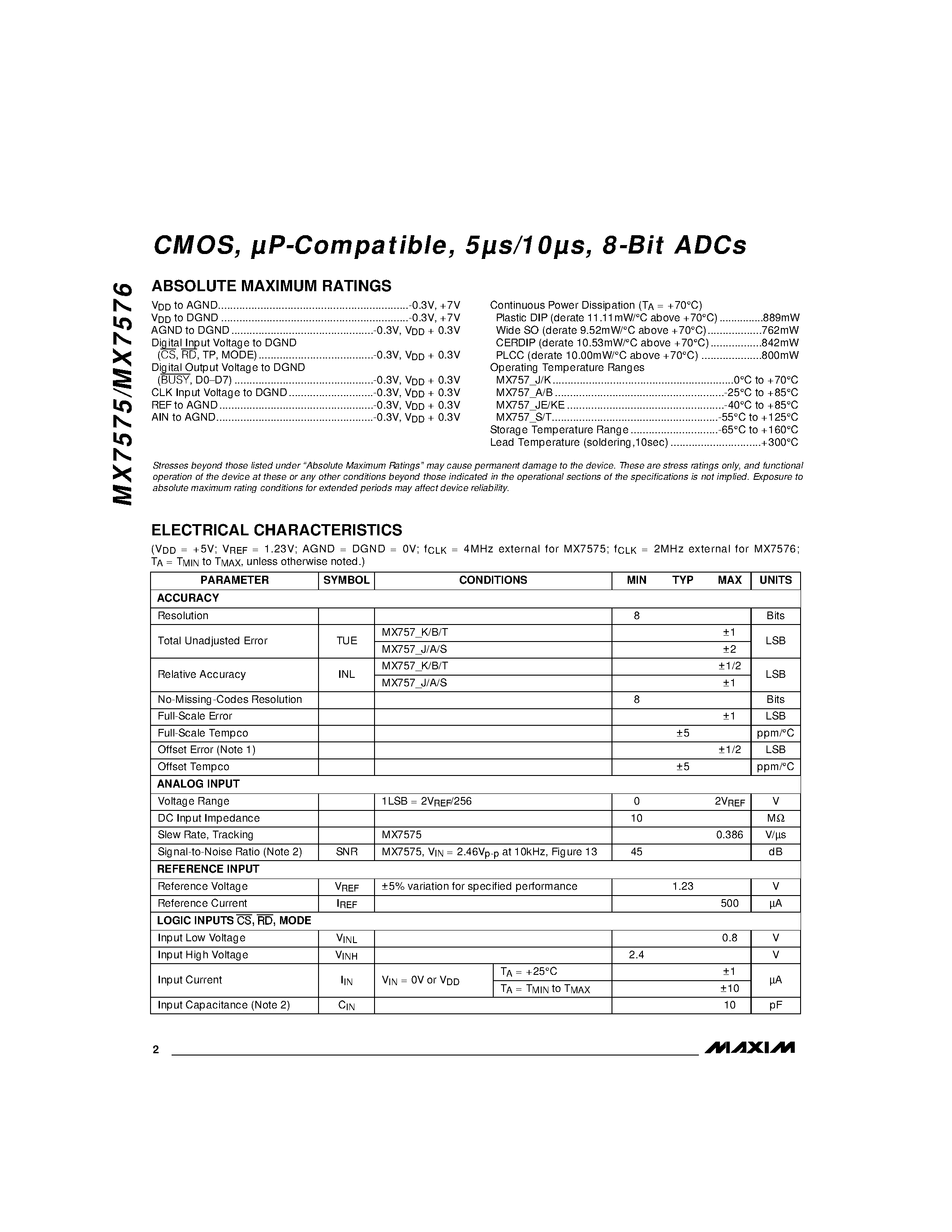 Даташит MX7576KP - CMOS / uP-Compatible / 5s/10s / 8-Bit ADCs страница 2