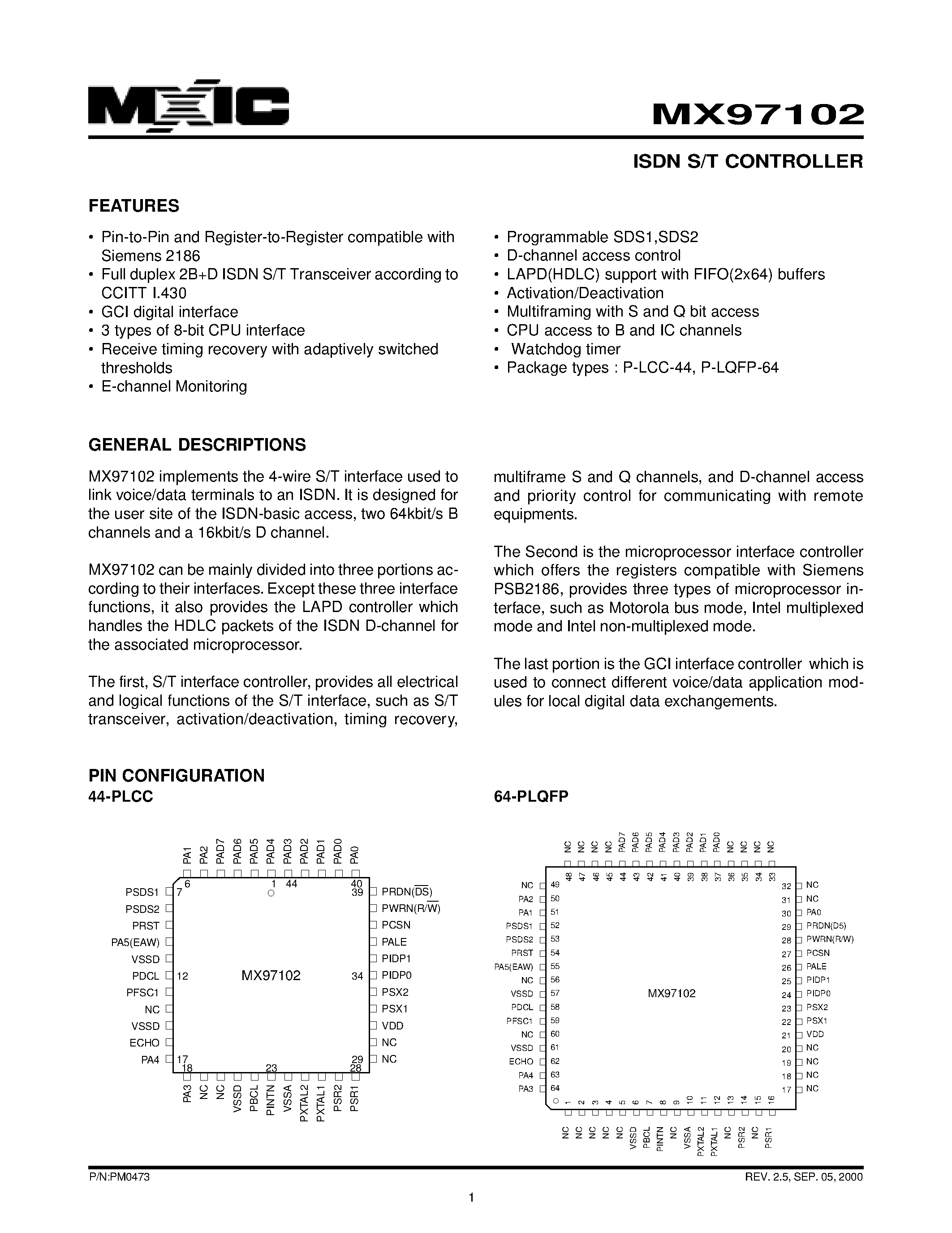 Datasheet MX97102UC - ISDN S/T CONTROLLER page 1