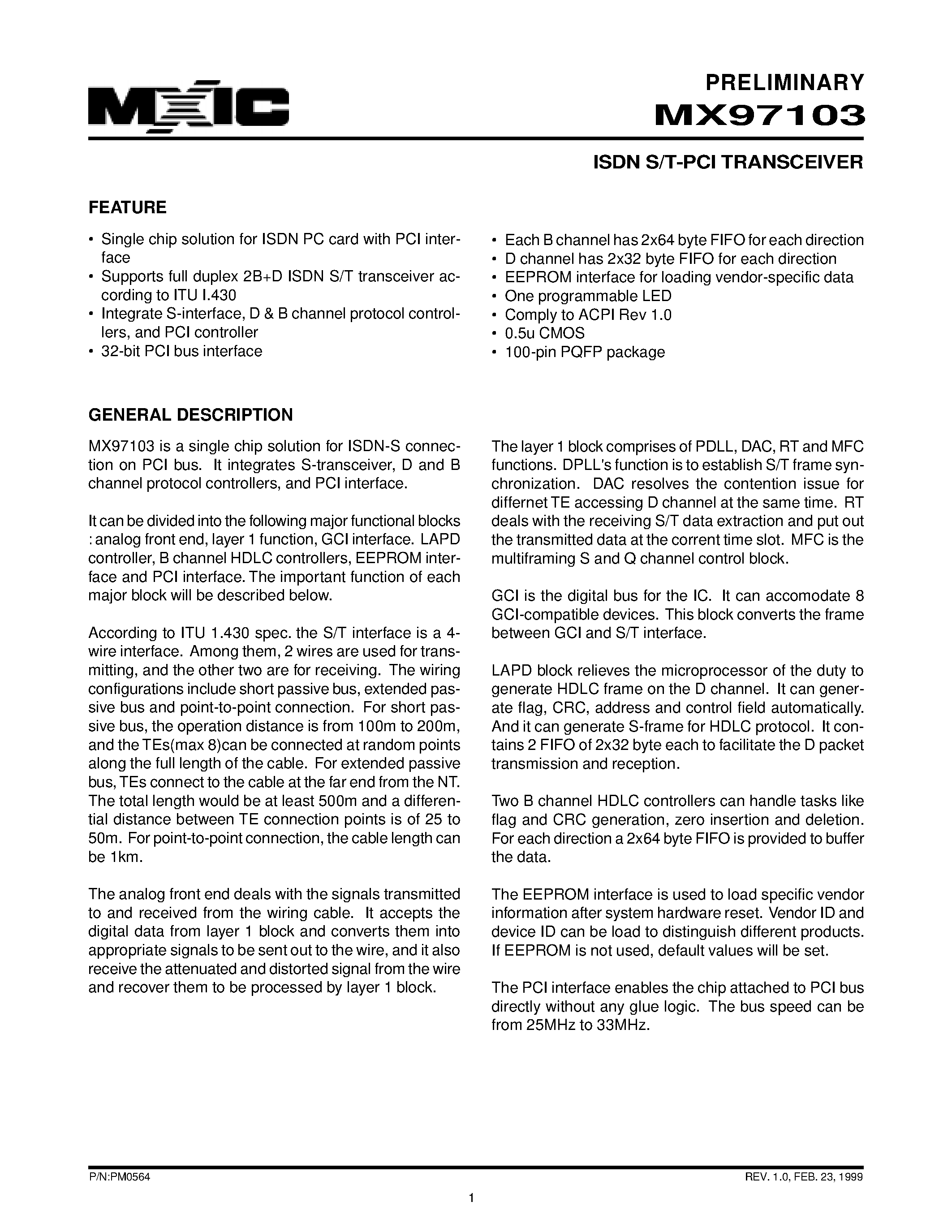 Datasheet MX97103 - ISDN S/T-PCI TRANSCEIVER page 1