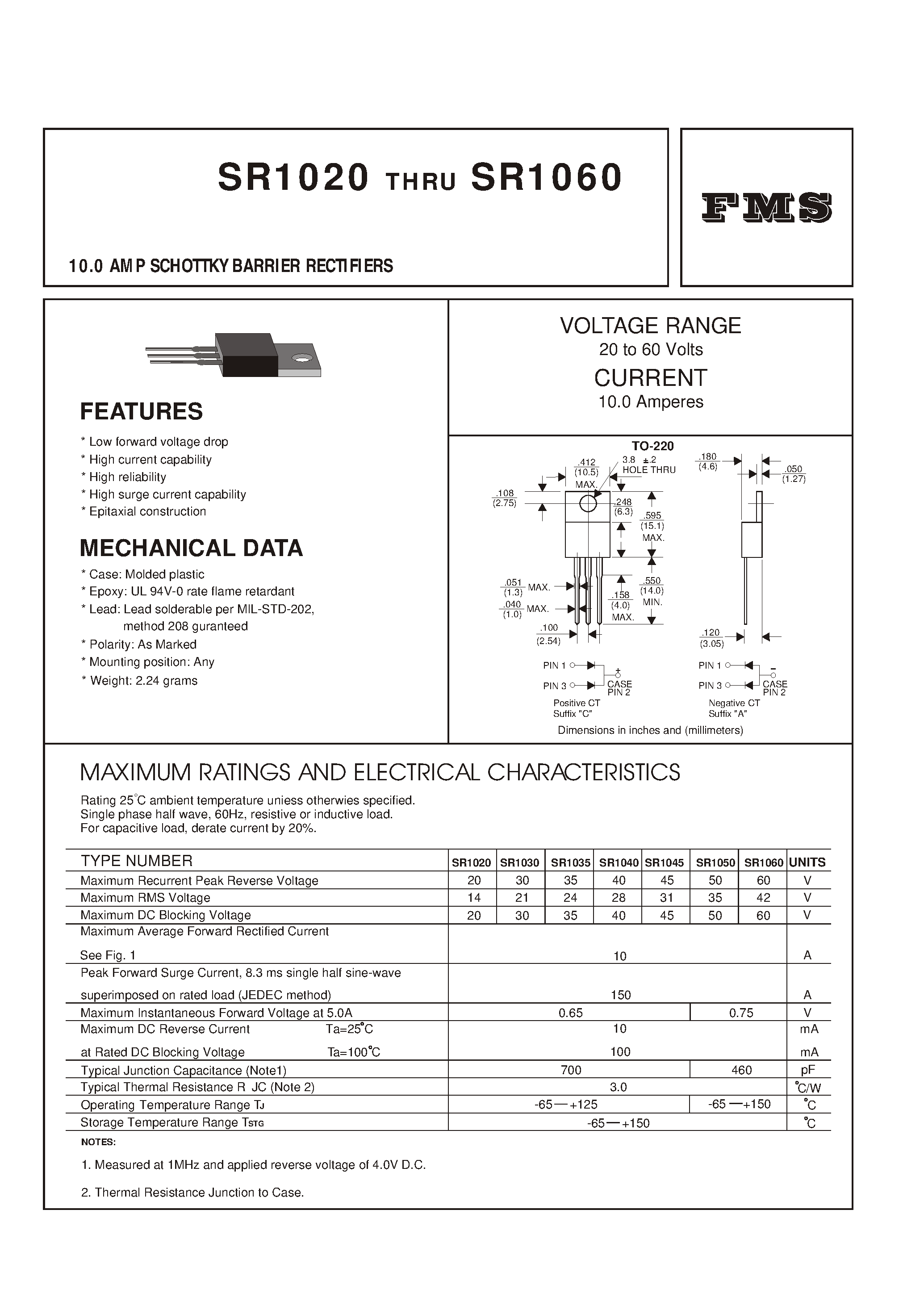 Datasheet SR1060 - 10.0 AMP SCHOTTKY BARRIER RECTIFIERS page 1
