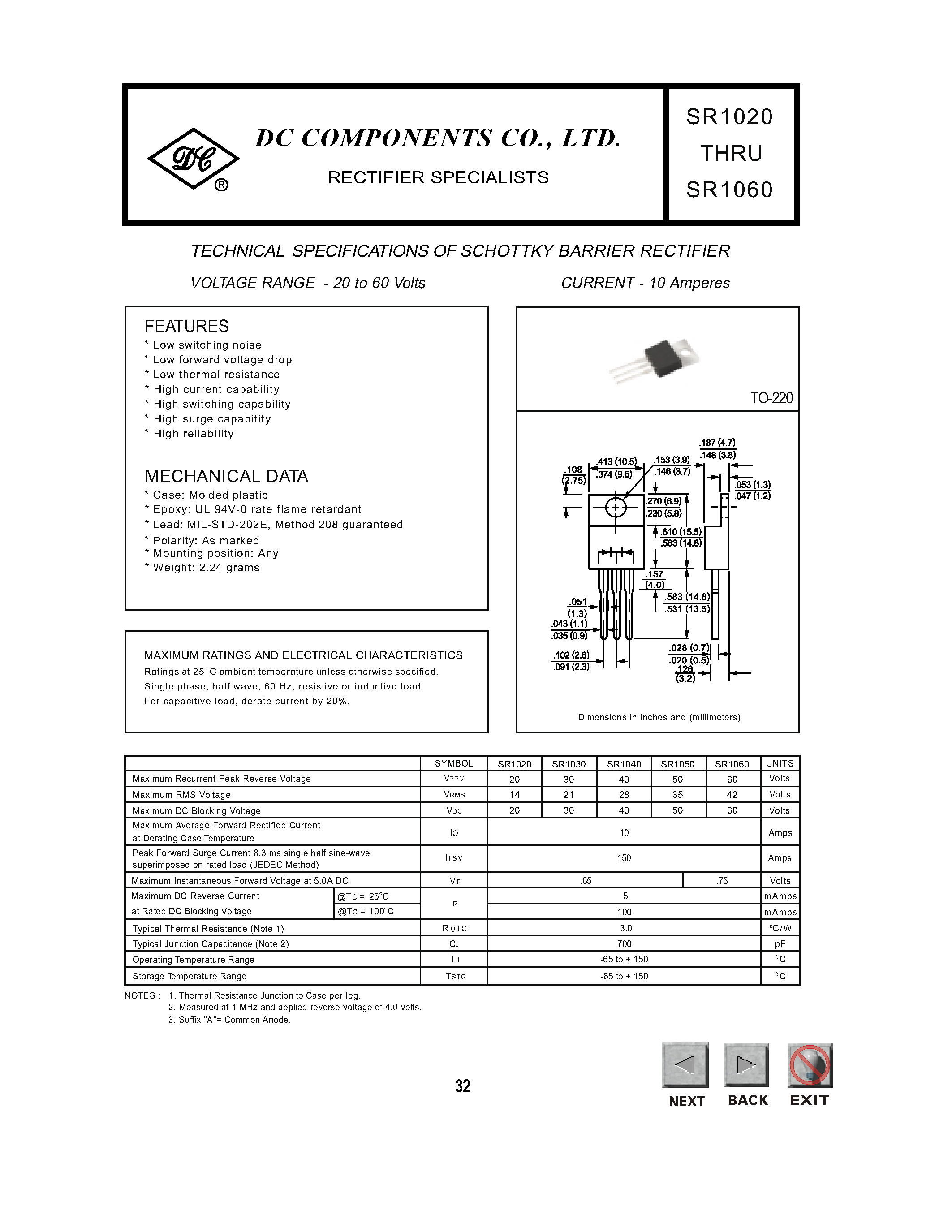 Datasheet SR1060 - TECHNICAL SPECIFICATIONS OF SCHOTTKY BARRIER RECTIFIER page 1