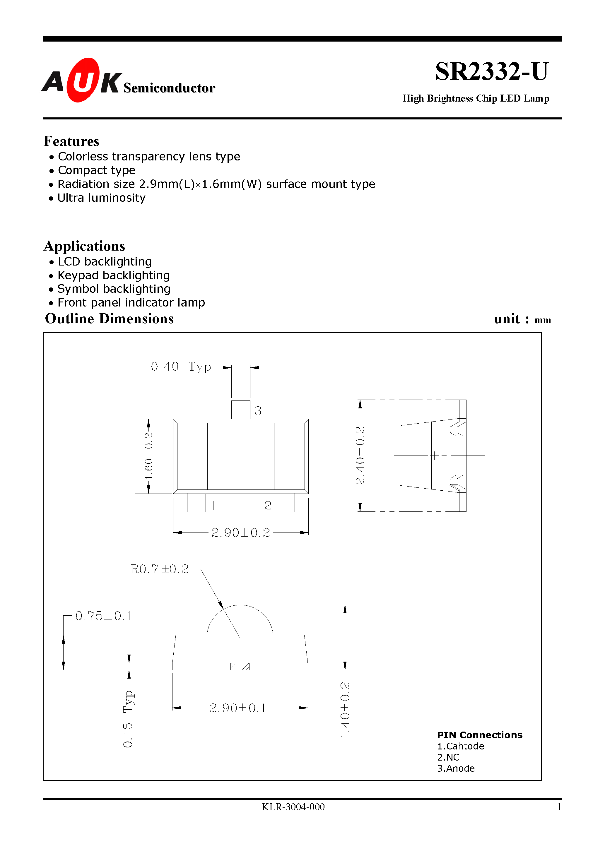 Datasheet SR2332-U - High Brightness Chip LED Lamp page 1