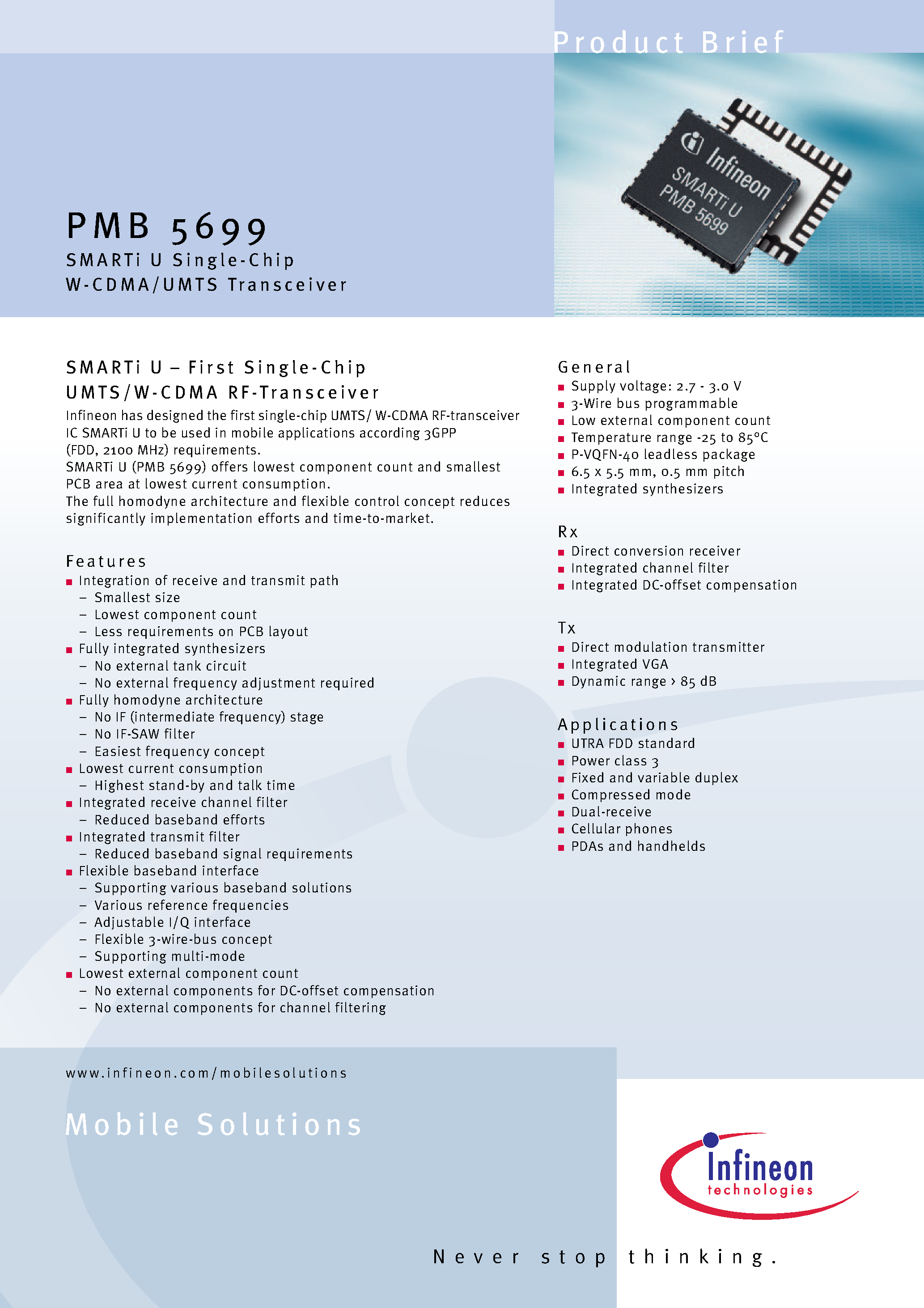 Даташит PMB5699 - SMARTi U Single - Chip W-CDMA/UMTS Transceiver страница 1