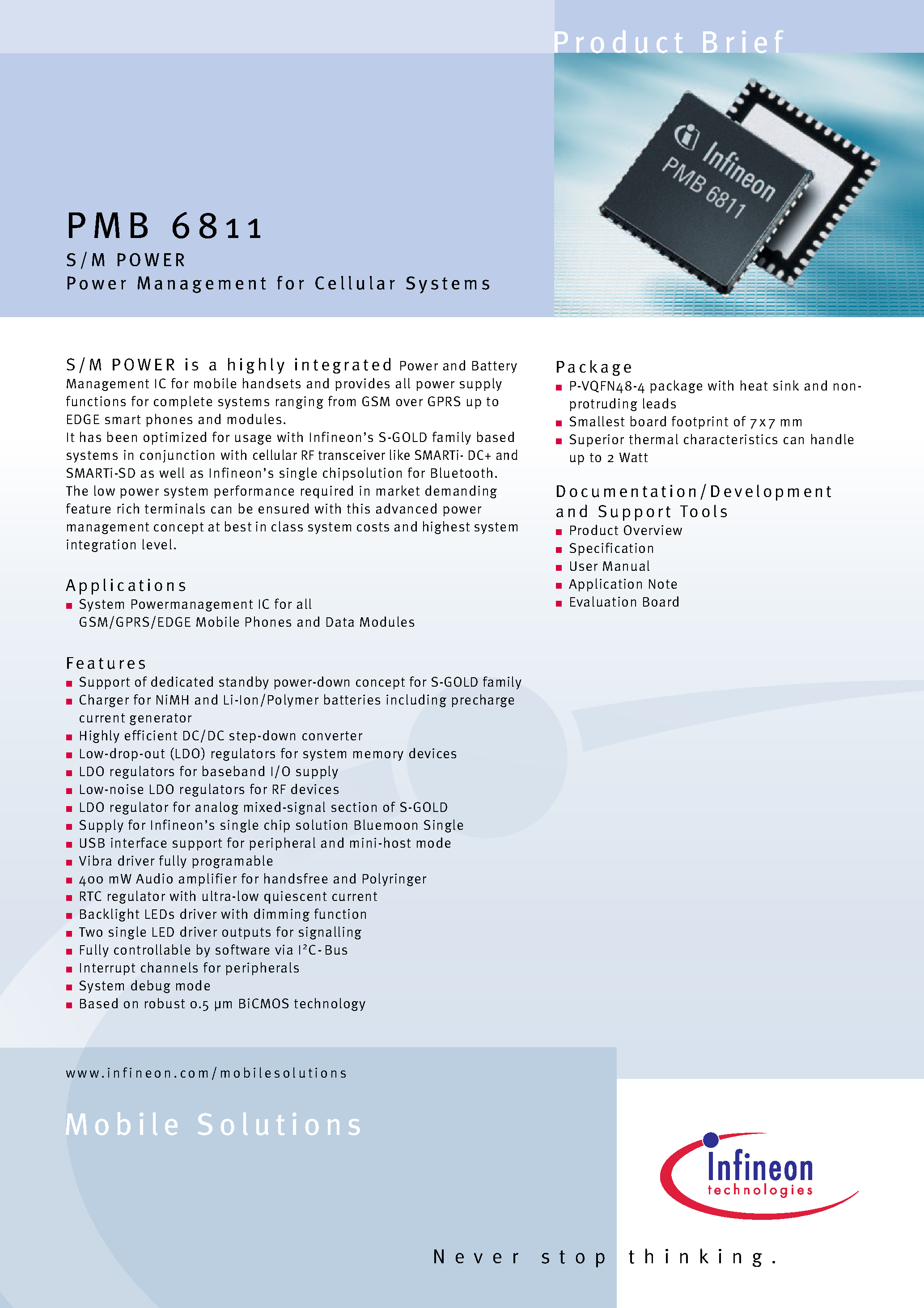 Datasheet PMB6811 - S/M POWER Power Managem e n t for Cel l u l a r Systems page 1