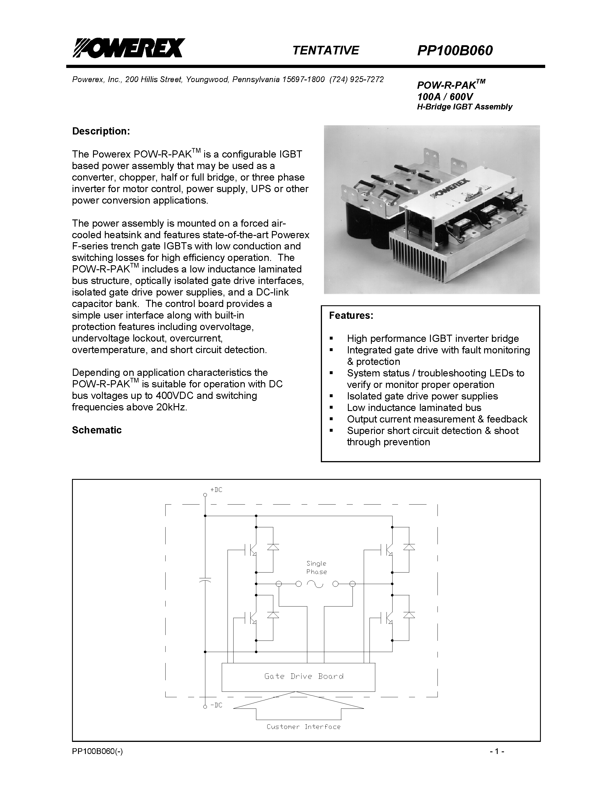 Даташит PP100B060 - POW-R-PAK 100A / 600V H-Bridge IGBT Assembly страница 1