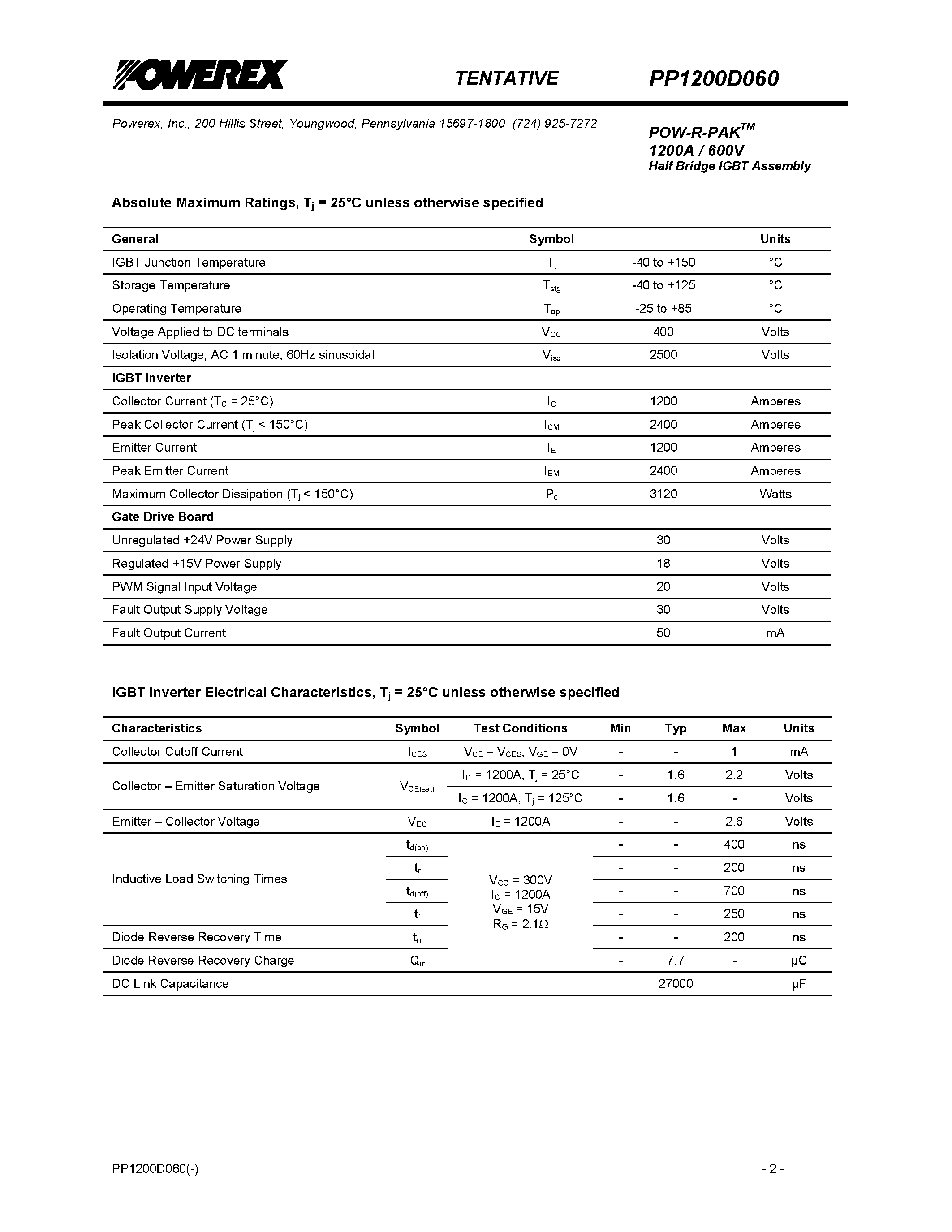 Datasheet PP1200D060 - POW-R-PAK 1200A / 600V Half Bridge IGBT Assembly page 2