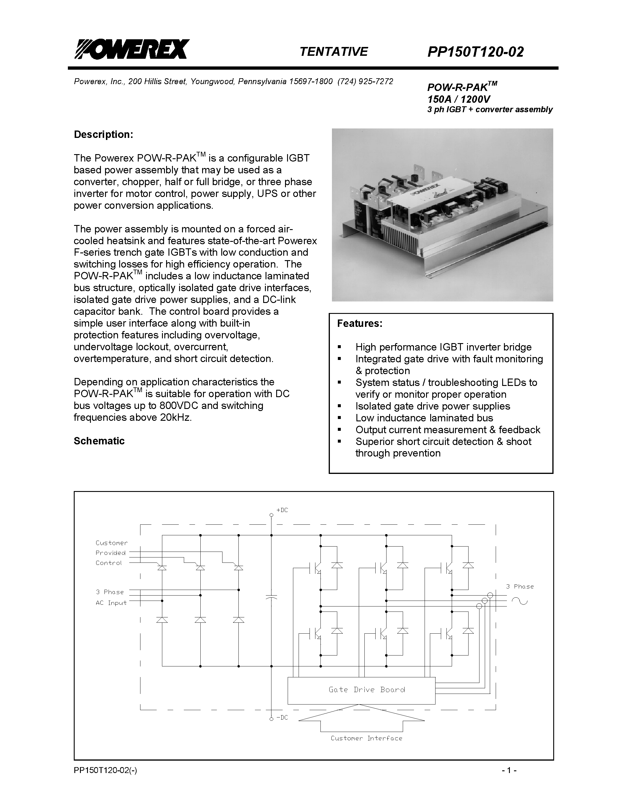 Даташит PP150T120-02 - POW-R-PAK 150A / 1200V 3 ph IGBT converter assembly страница 1