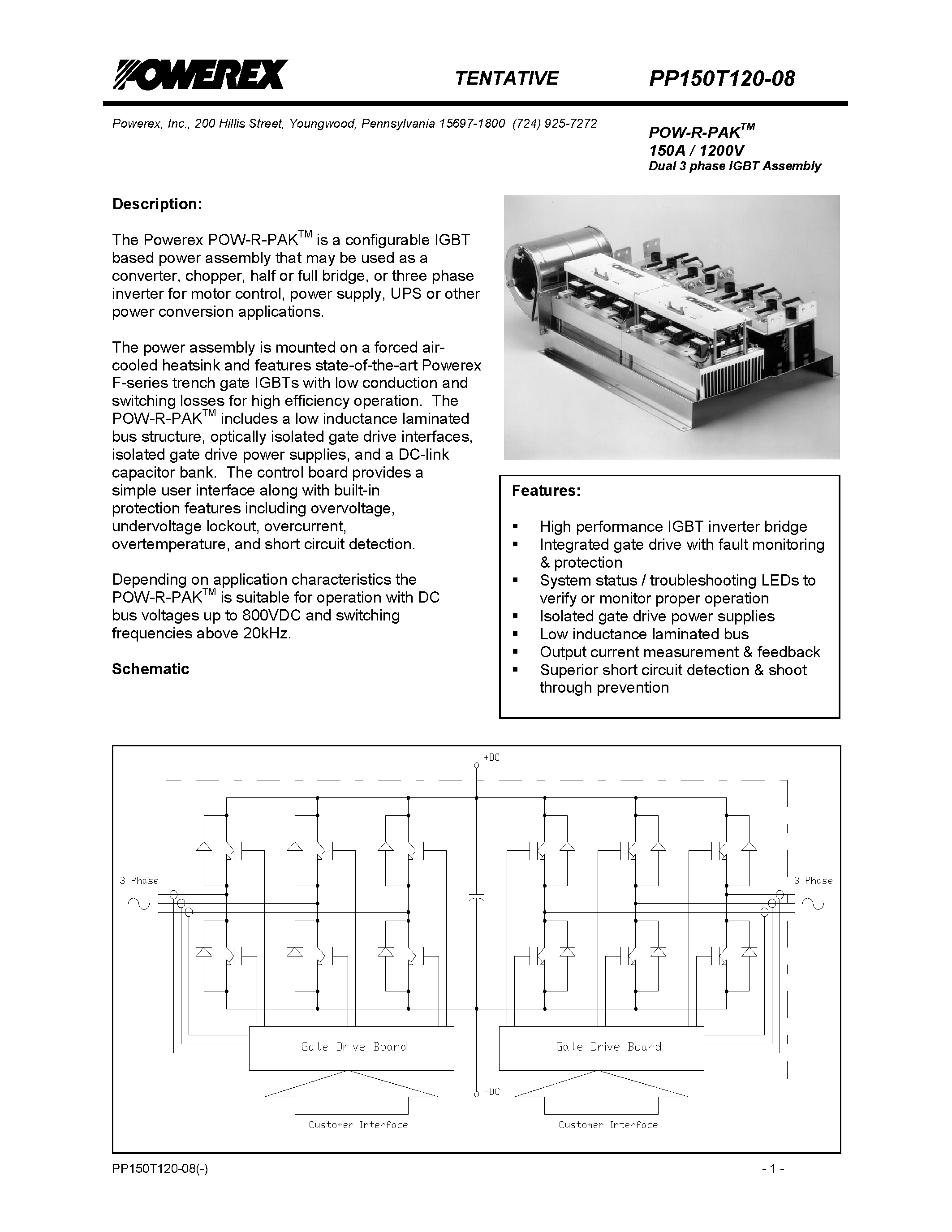 Даташит PP150T120-08 - POW-R-PAK 150A / 1200V Dual 3 phase IGBT Assembly страница 1