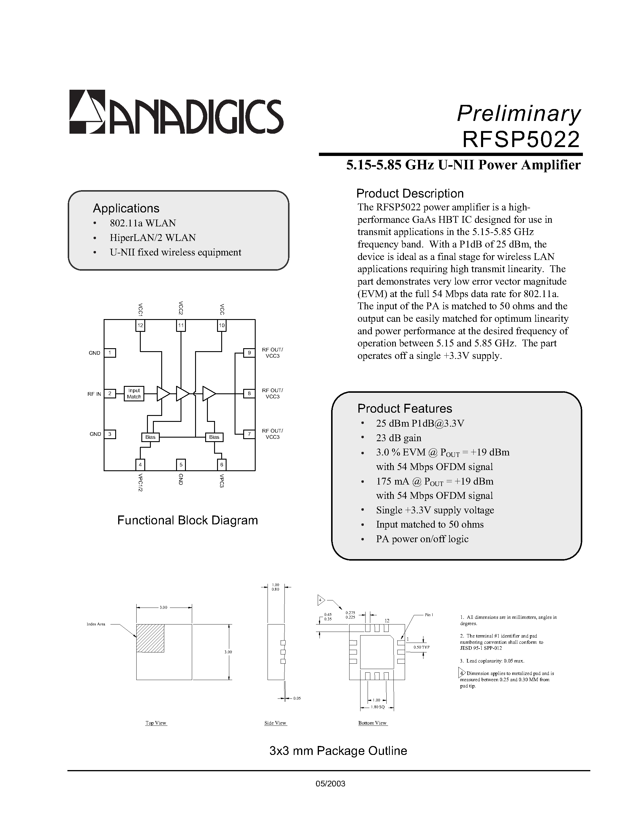 Datasheet PRFS-P5022-005 - 5.15-5.85 GHz U-NII Power Amplifier page 1