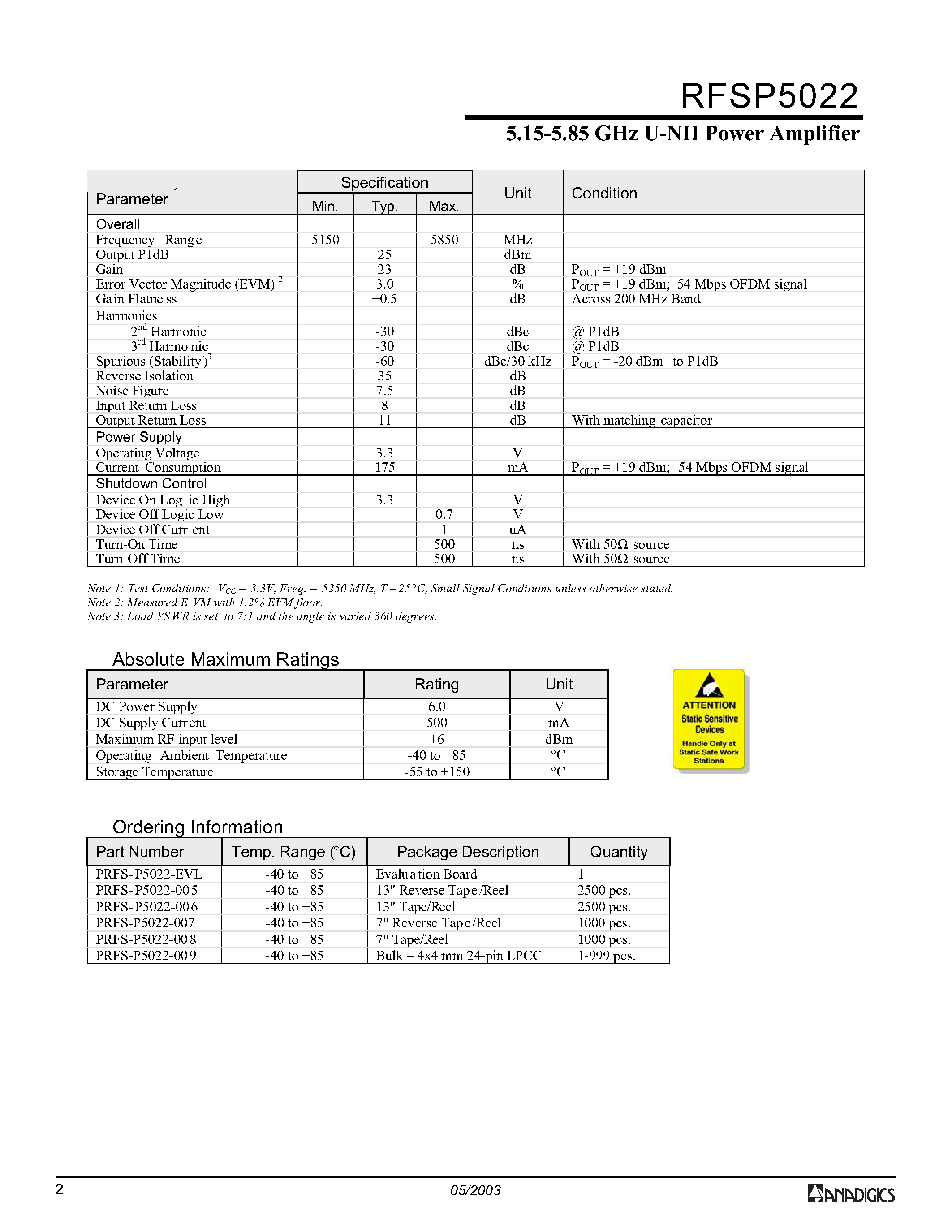 Даташит PRFS-P5022-008 - 5.15-5.85 GHz U-NII Power Amplifier страница 2