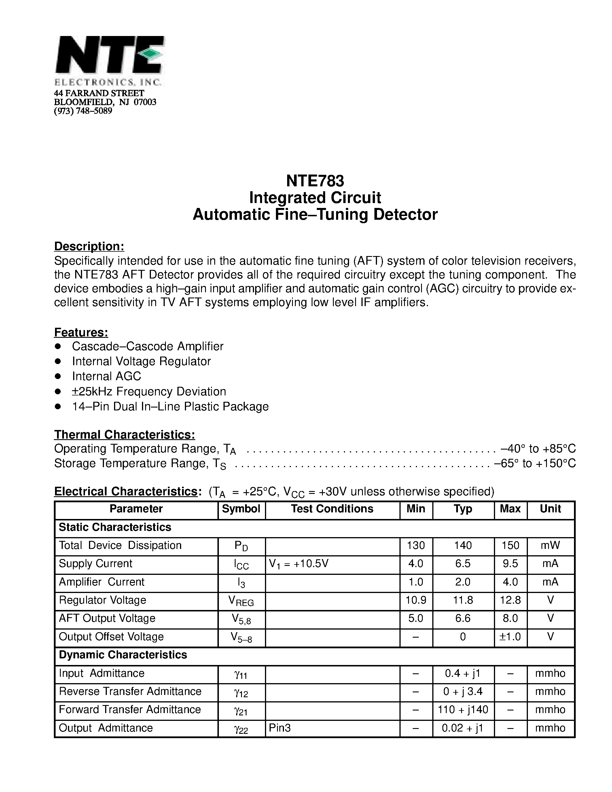 Datasheet NTE783 - Integrated Circuit Automatic Fine-Tuning Detector page 1