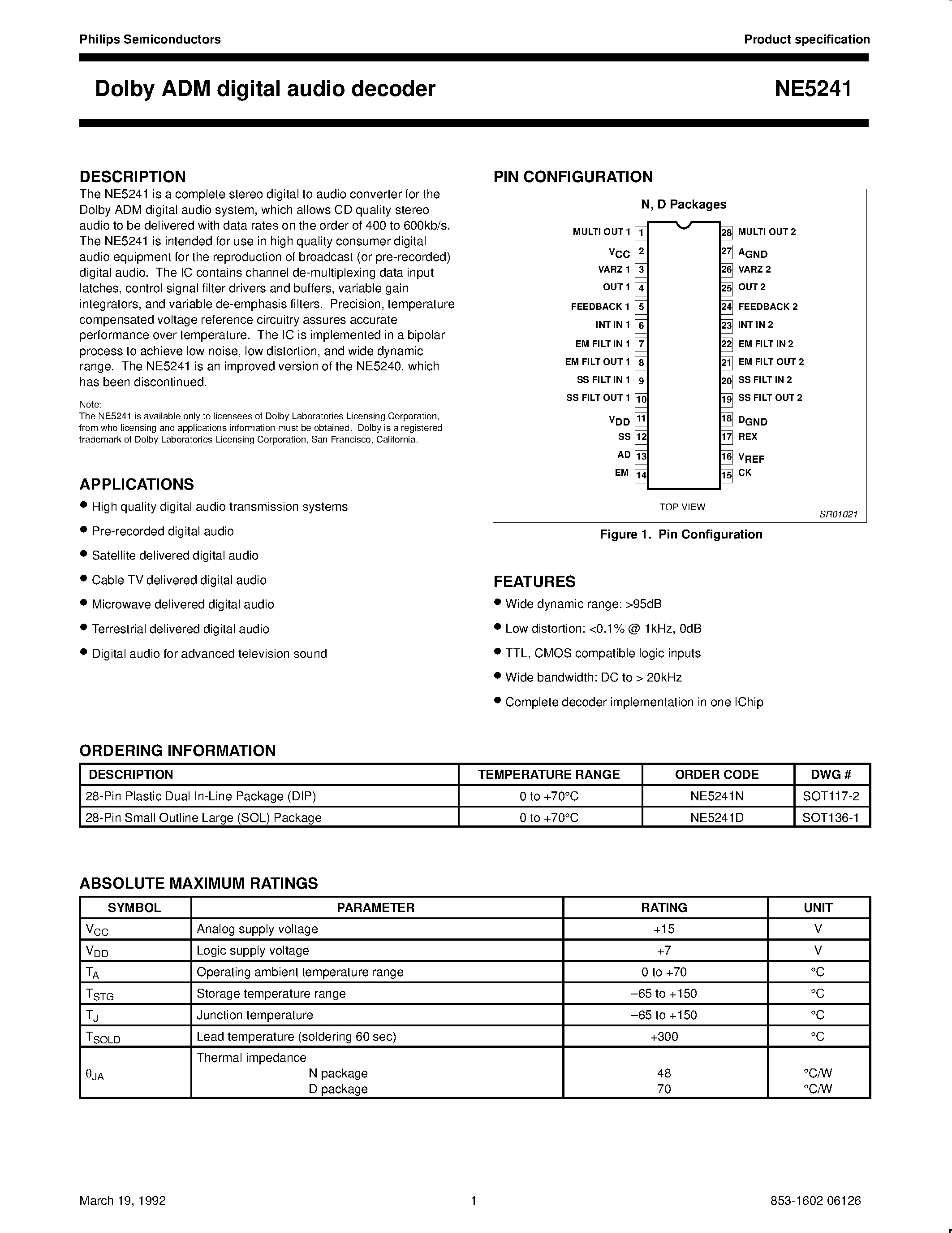 Datasheet NE5241 - Dolby ADM digital audio decoder page 1