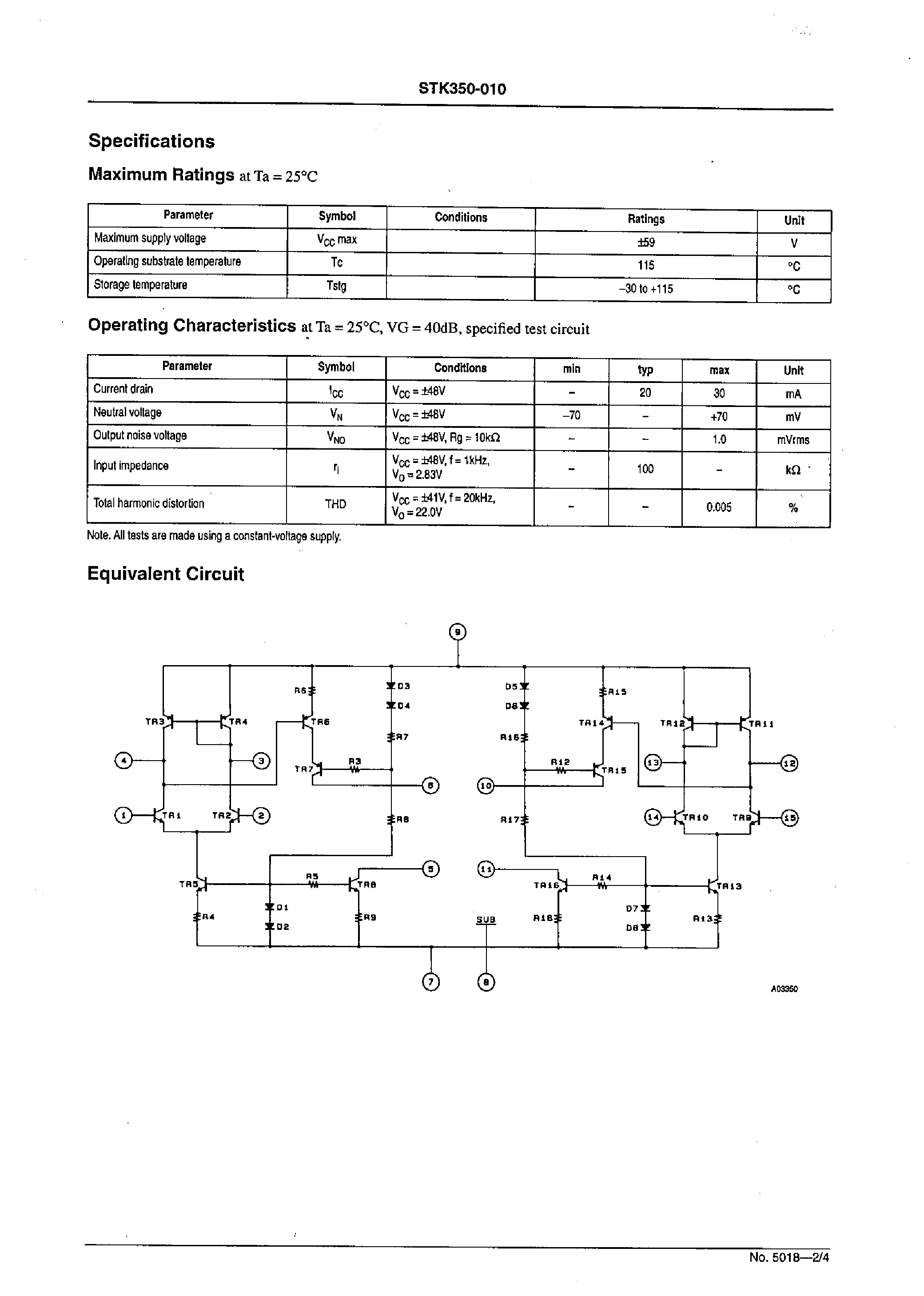 Datasheet STK350-000 - 2-channel AF Voltage Amplifier (60 to 80W/channel supported) page 2