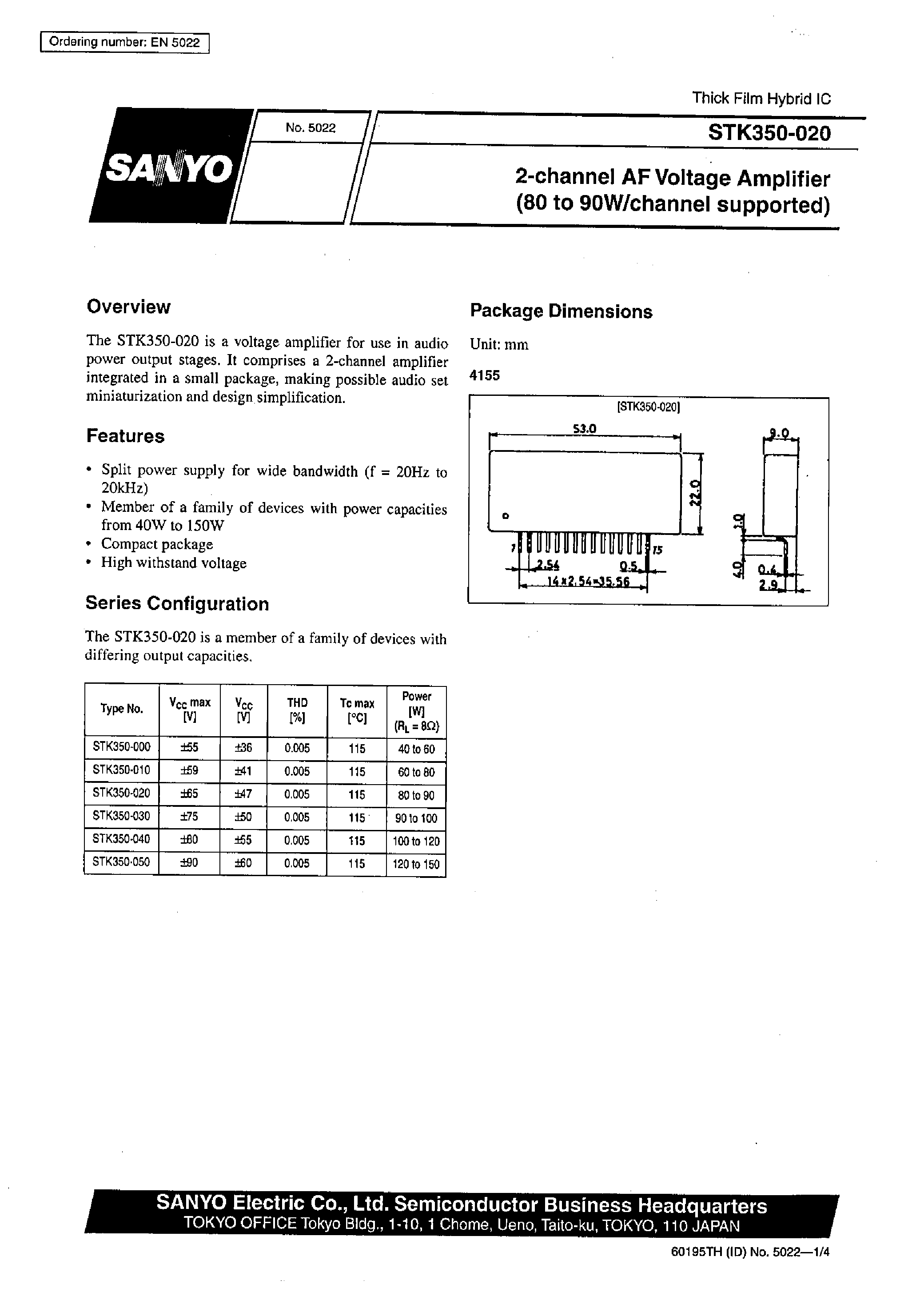 Datasheet STK350-020 - 2-channel AF Voltage Amplifier (80 to 90W/channel supported) page 1
