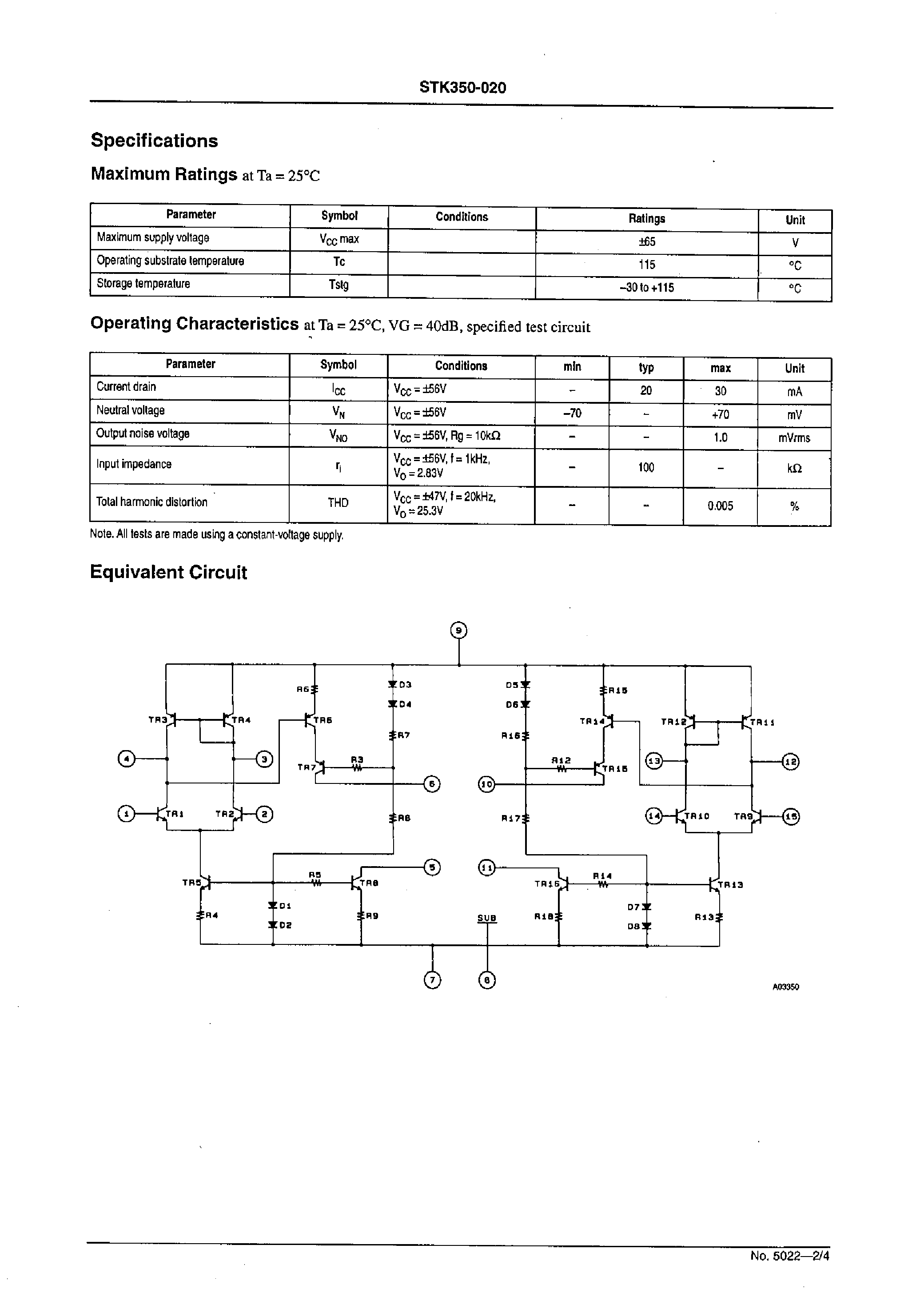 Datasheet STK350-020 - 2-channel AF Voltage Amplifier (80 to 90W/channel supported) page 2