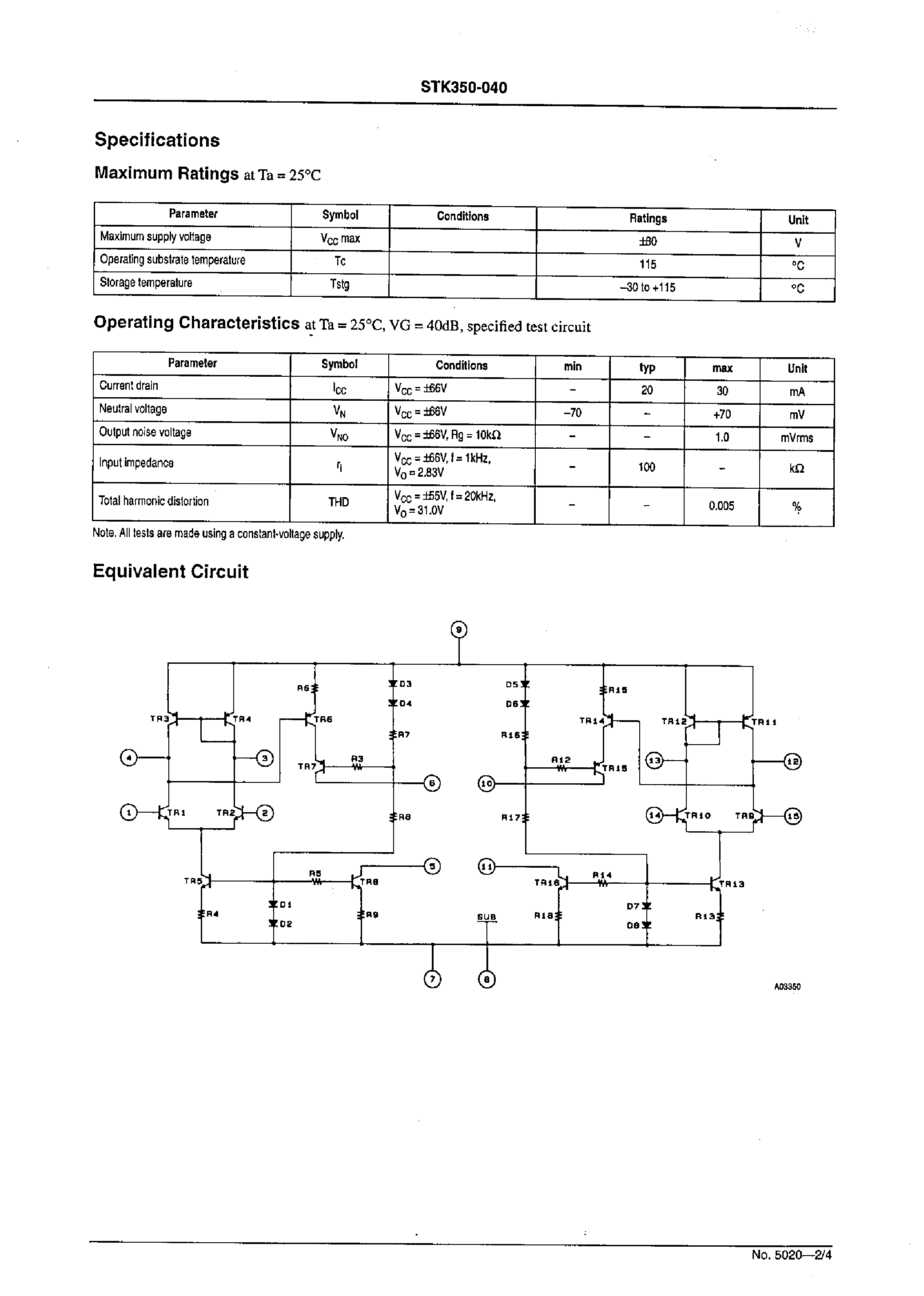 Datasheet STK350-040 - 2-channel AF Voltage Amplifier (100 to 120W/channel supported) page 2
