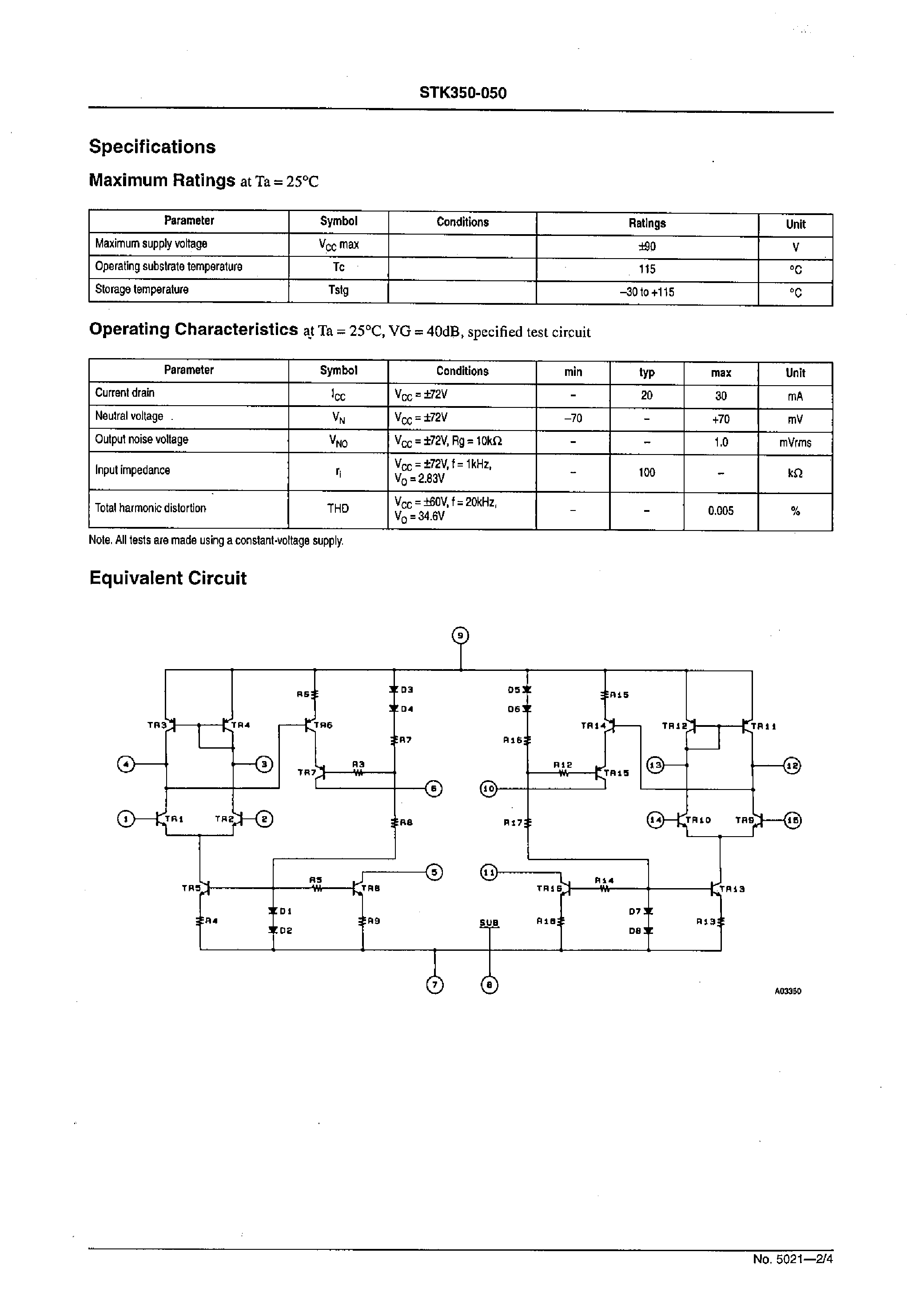 Datasheet STK350-050 - 2-channel AF Voltage Amplifier (120 to 150W/channel supported) page 2