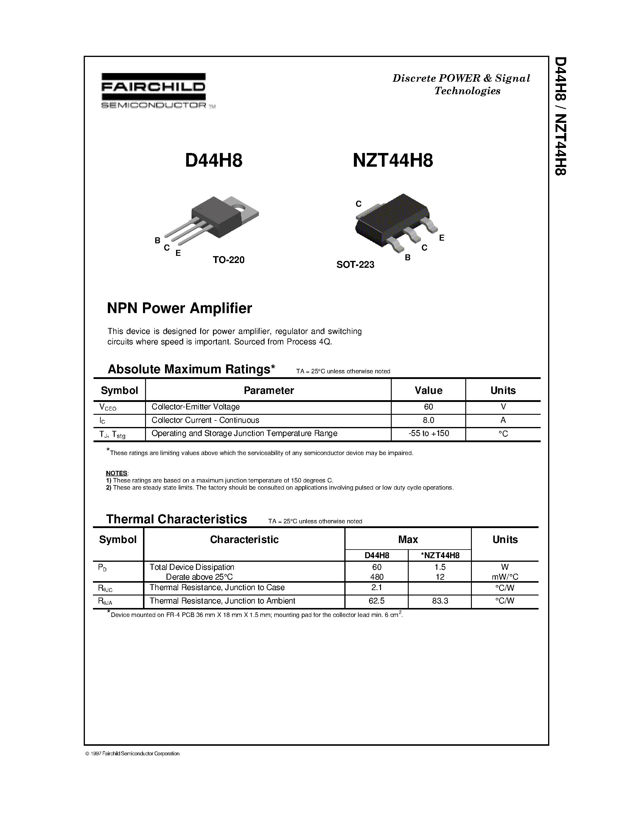 Datasheet NZT44H8 - NPN Power Amplifier page 1