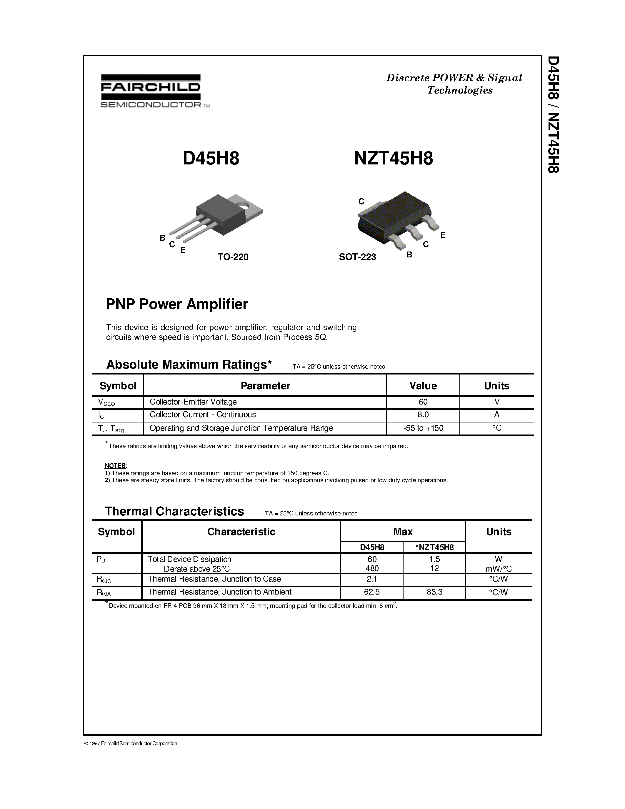 Datasheet NZT45H8 - PNP Power Amplifier page 1